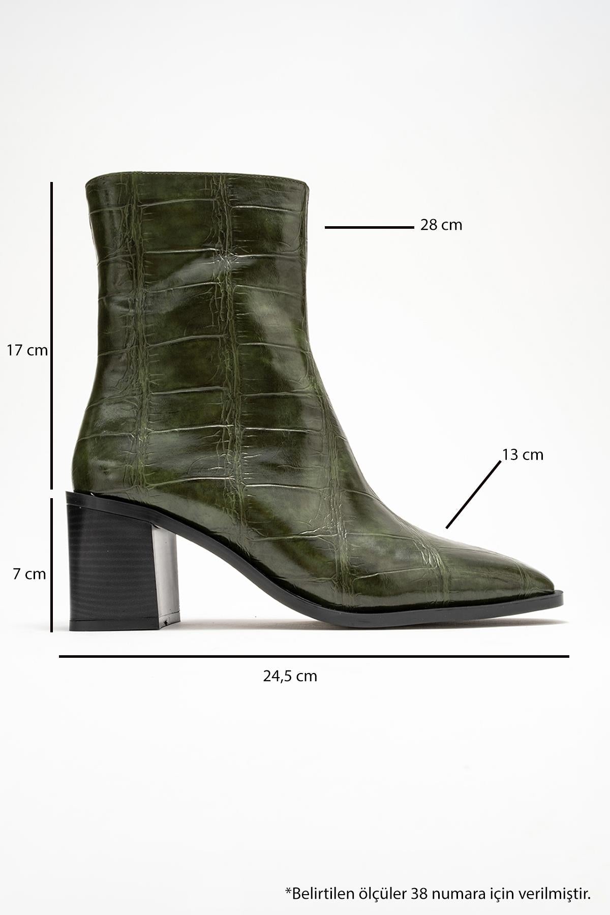 Chara - Green Printed Block Heel Boot – top view showing leather, red, green, Vowalisse