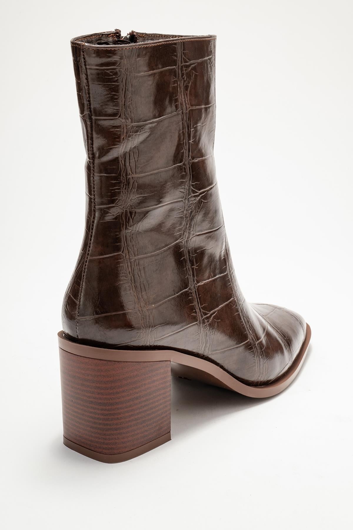 Chara - Brown Printed Block Heel Boot – back view showing leather, Vowalisse