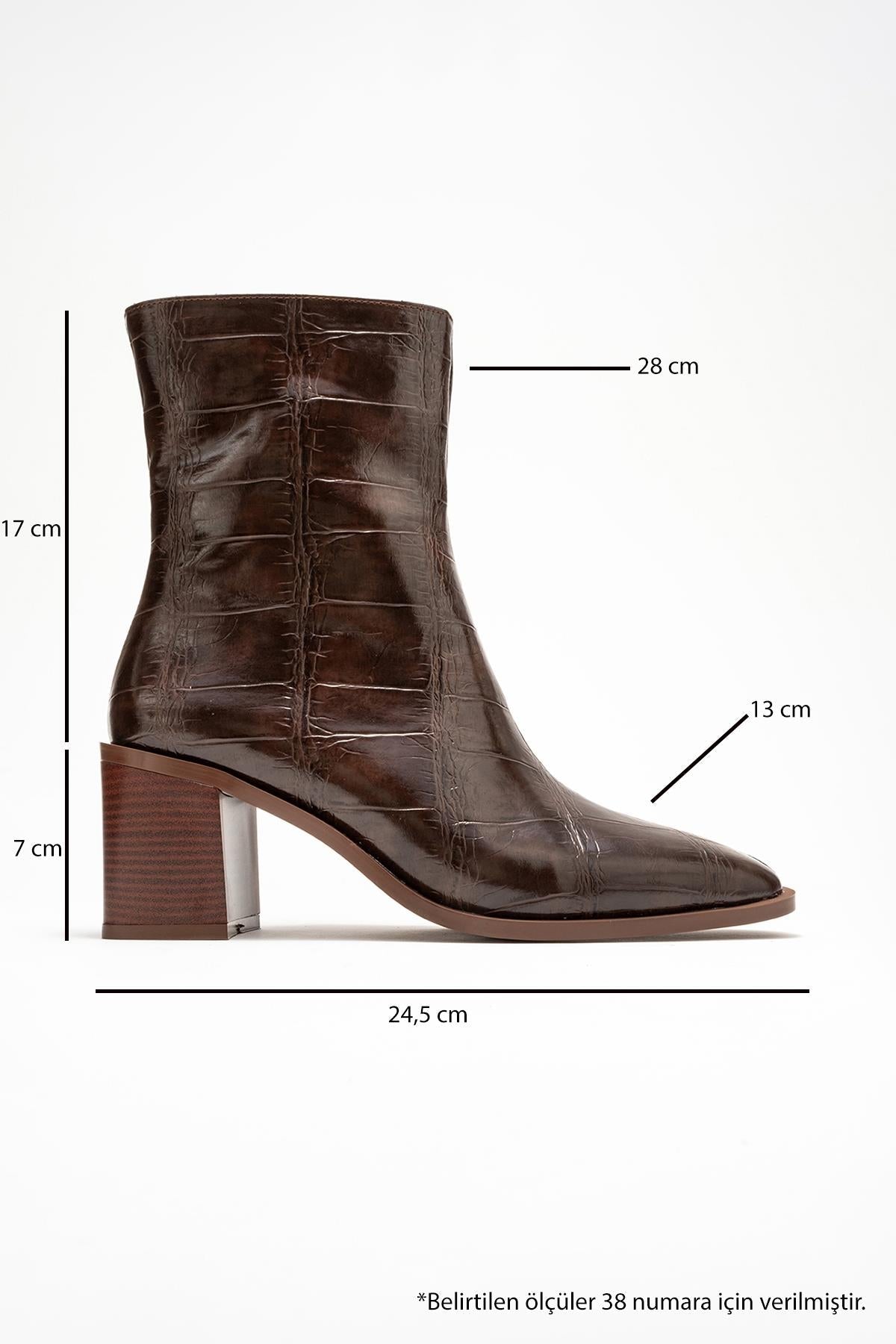 Chara - Brown Printed Block Heel Boot – top view showing leather, Vowalisse