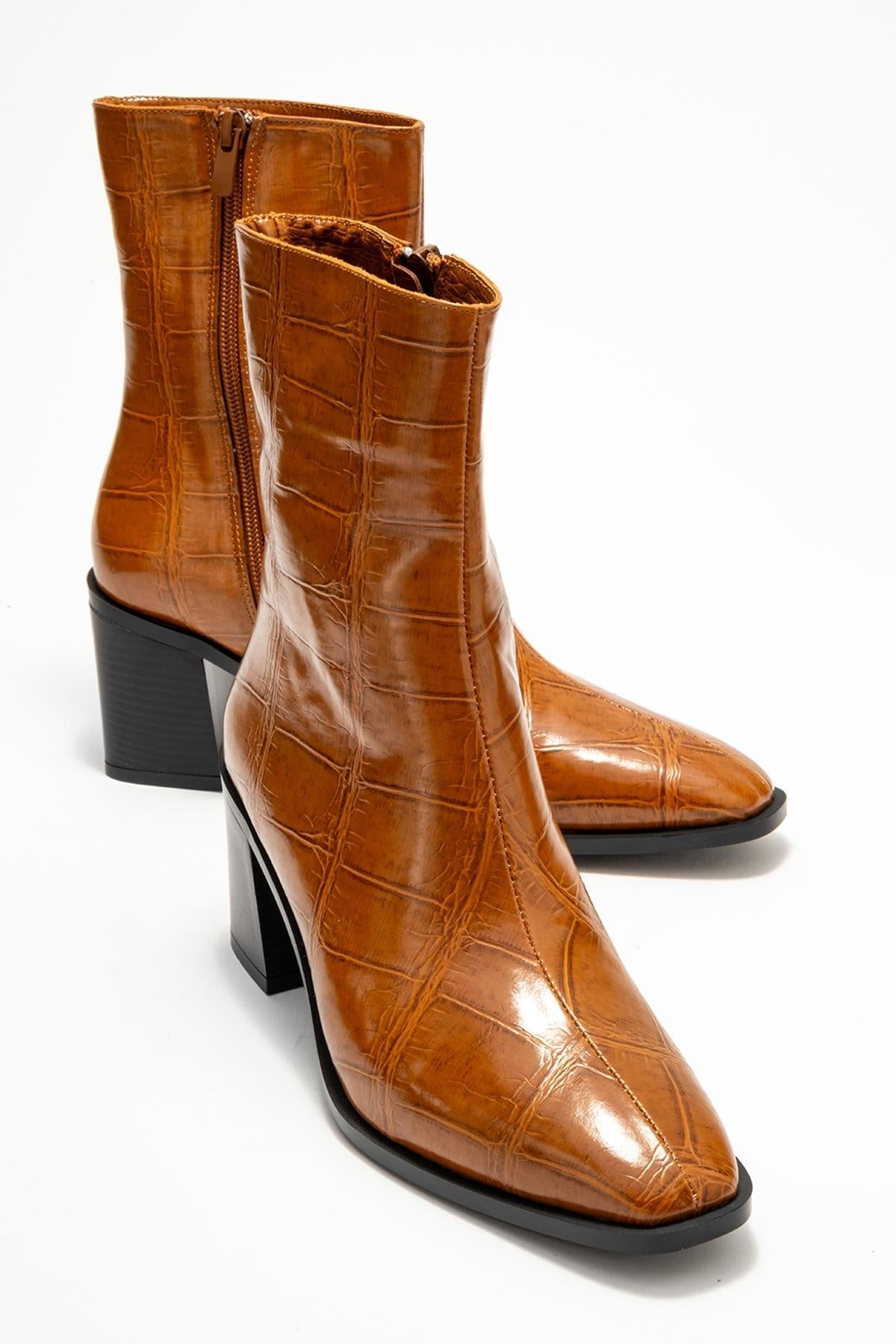Chara - Cognac Printed Block Heel Boot – front three-quarter view showing leather, red, Vowalisse