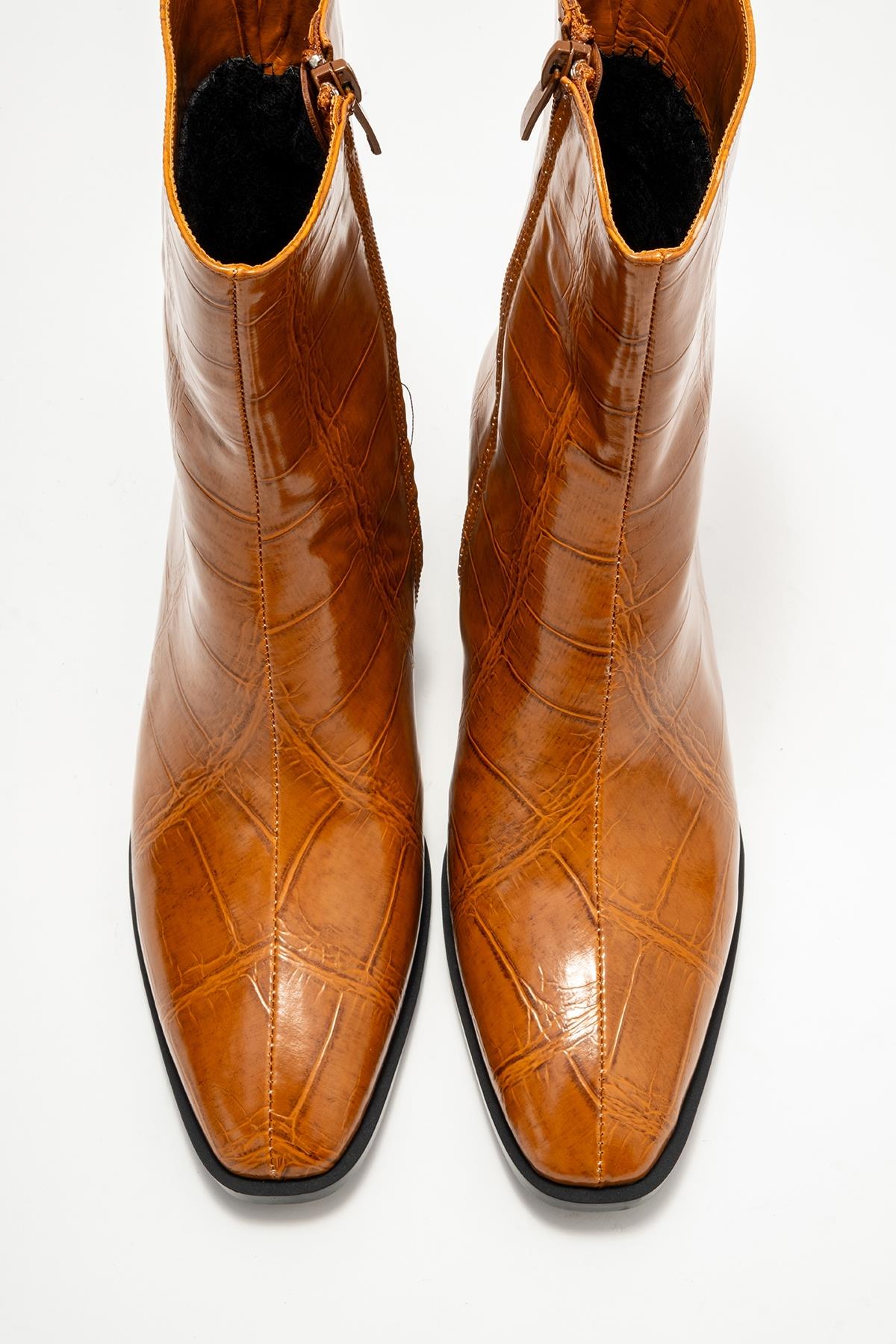 Chara - Cognac Printed Block Heel Boot – side view showing leather, red, Vowalisse