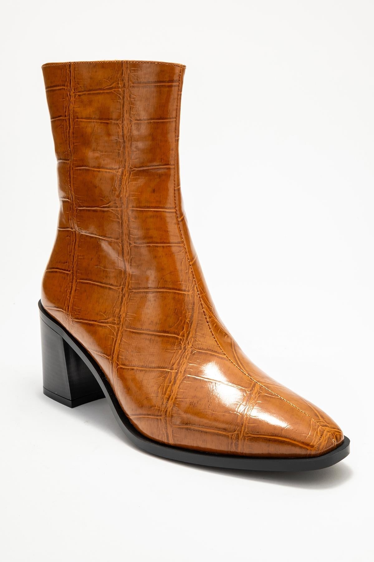 Chara - Cognac Printed Block Heel Boot – detail view showing leather, red, Vowalisse