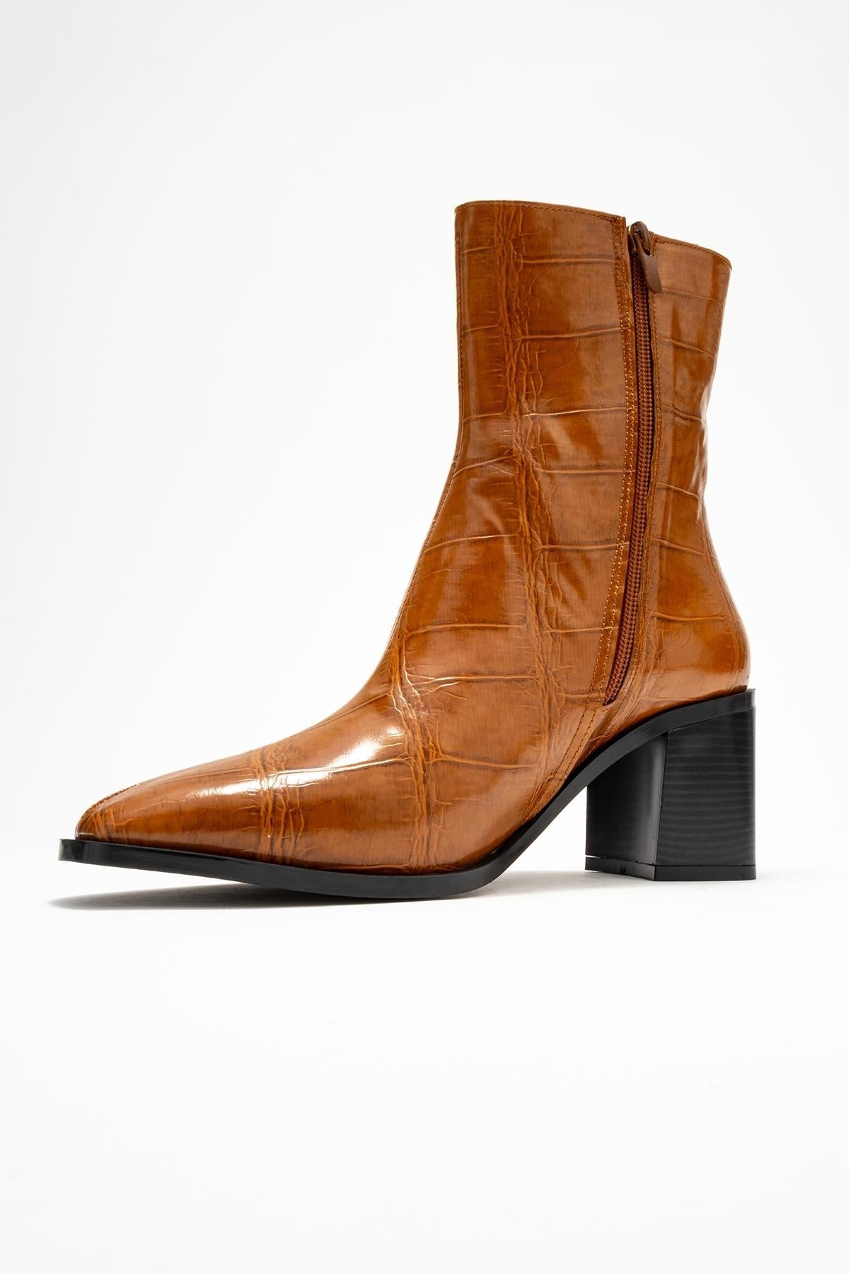 Chara - Cognac Printed Block Heel Boot – heel view showing leather, red, Vowalisse