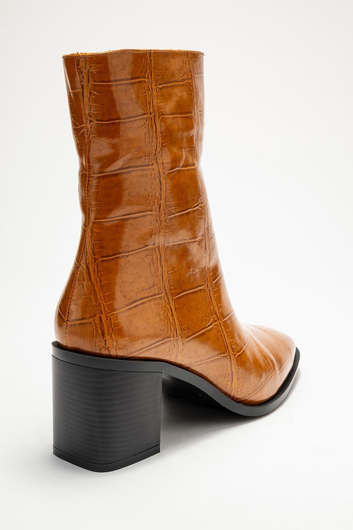 Chara - Cognac Printed Block Heel Boot – back view showing leather, red, Vowalisse