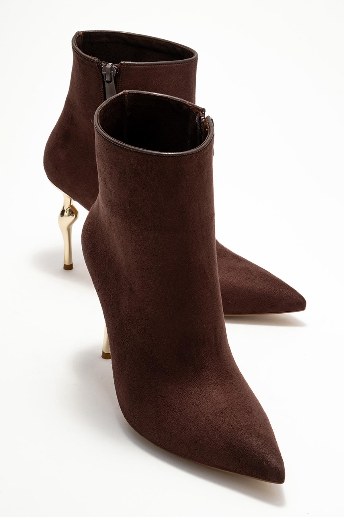 Crista - Brown Suede Pointed Toe Heeled Boot – front three-quarter view showing suede, metallic, Vowalisse