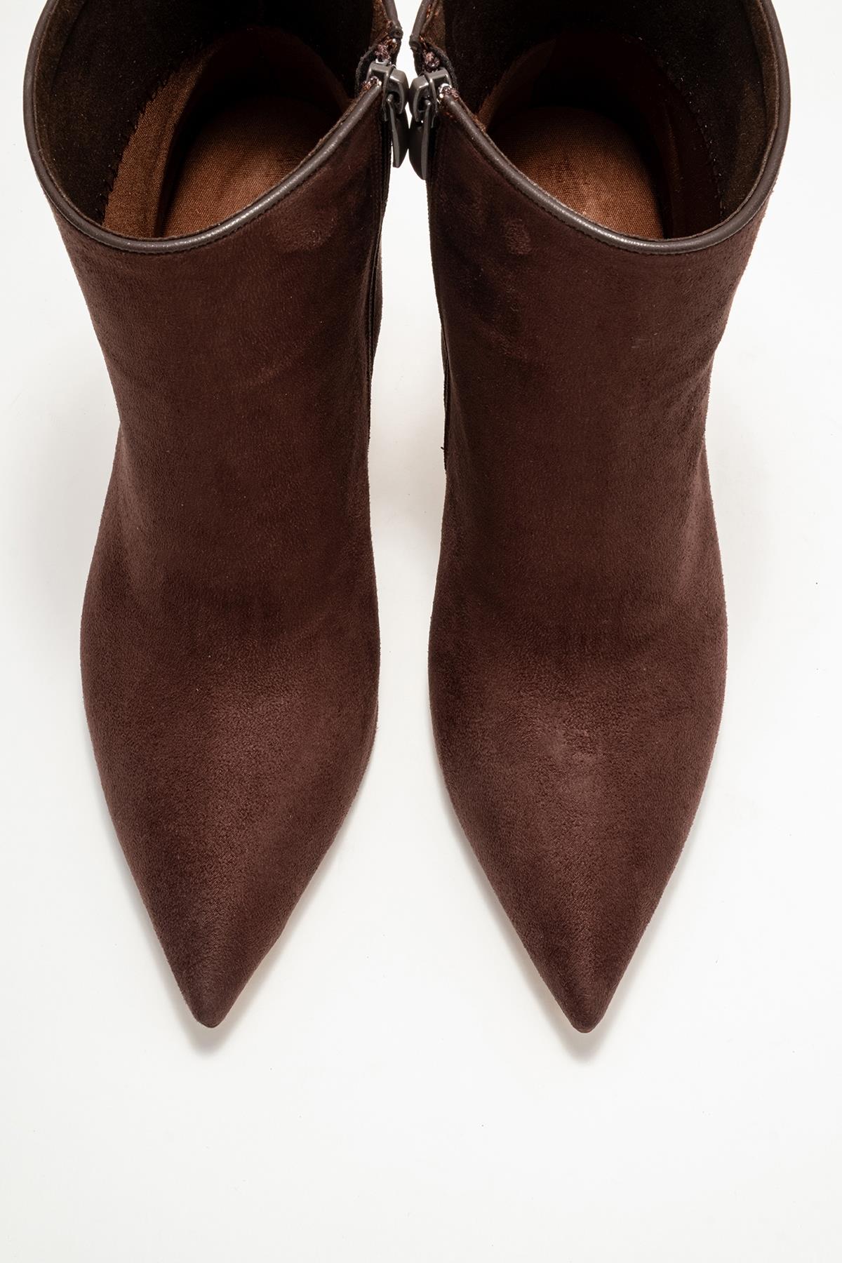 Crista - Brown Suede Pointed Toe Heeled Boot – side view showing suede, metallic, Vowalisse