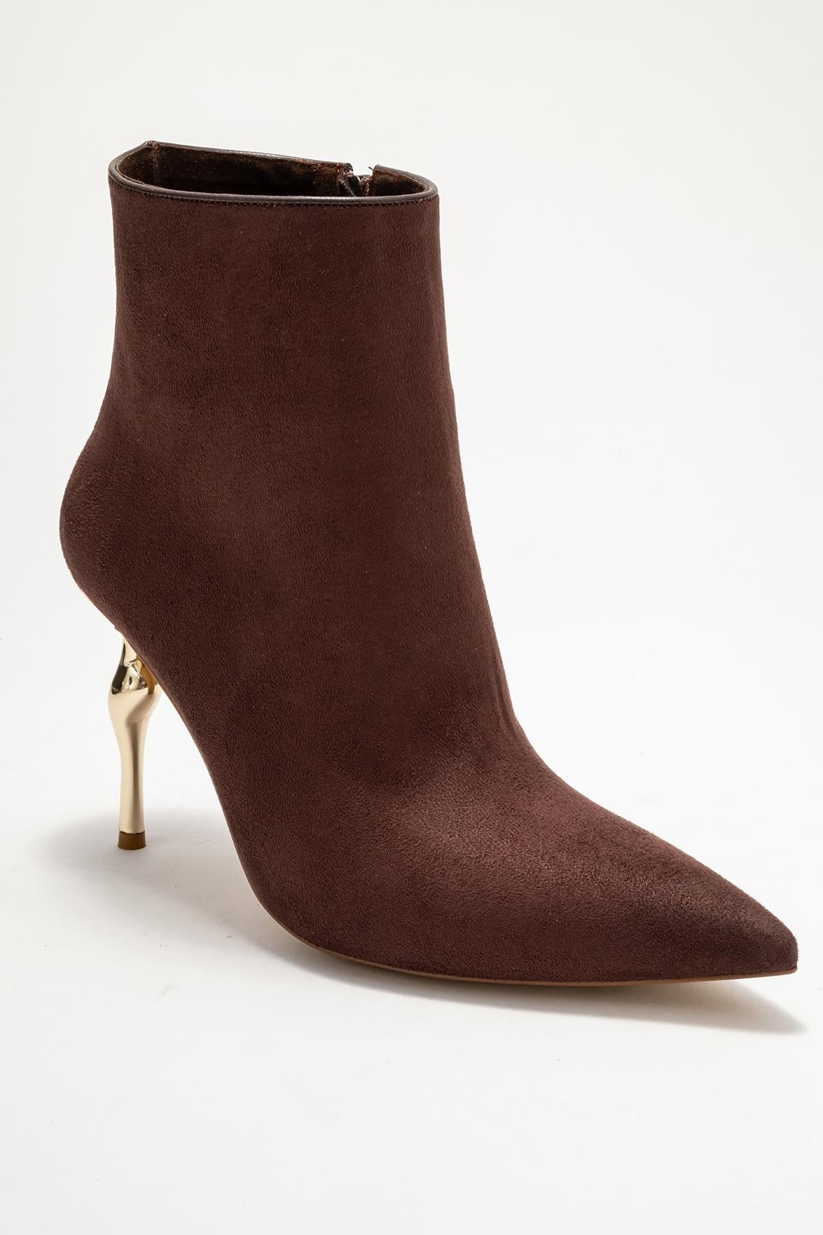 Crista - Brown Suede Pointed Toe Heeled Boot – detail view showing suede, metallic, Vowalisse