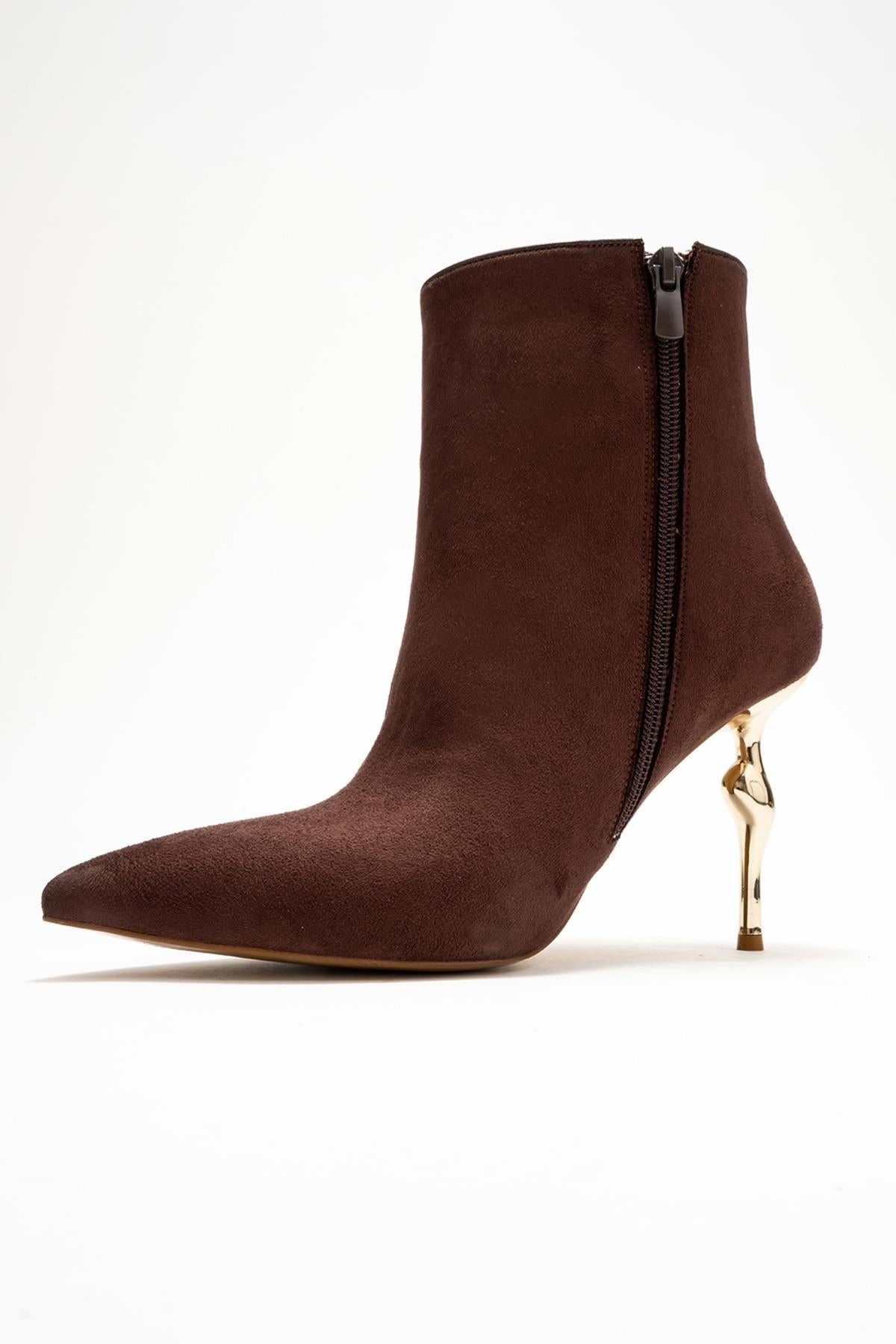 Crista - Brown Suede Pointed Toe Heeled Boot – heel view showing suede, metallic, Vowalisse