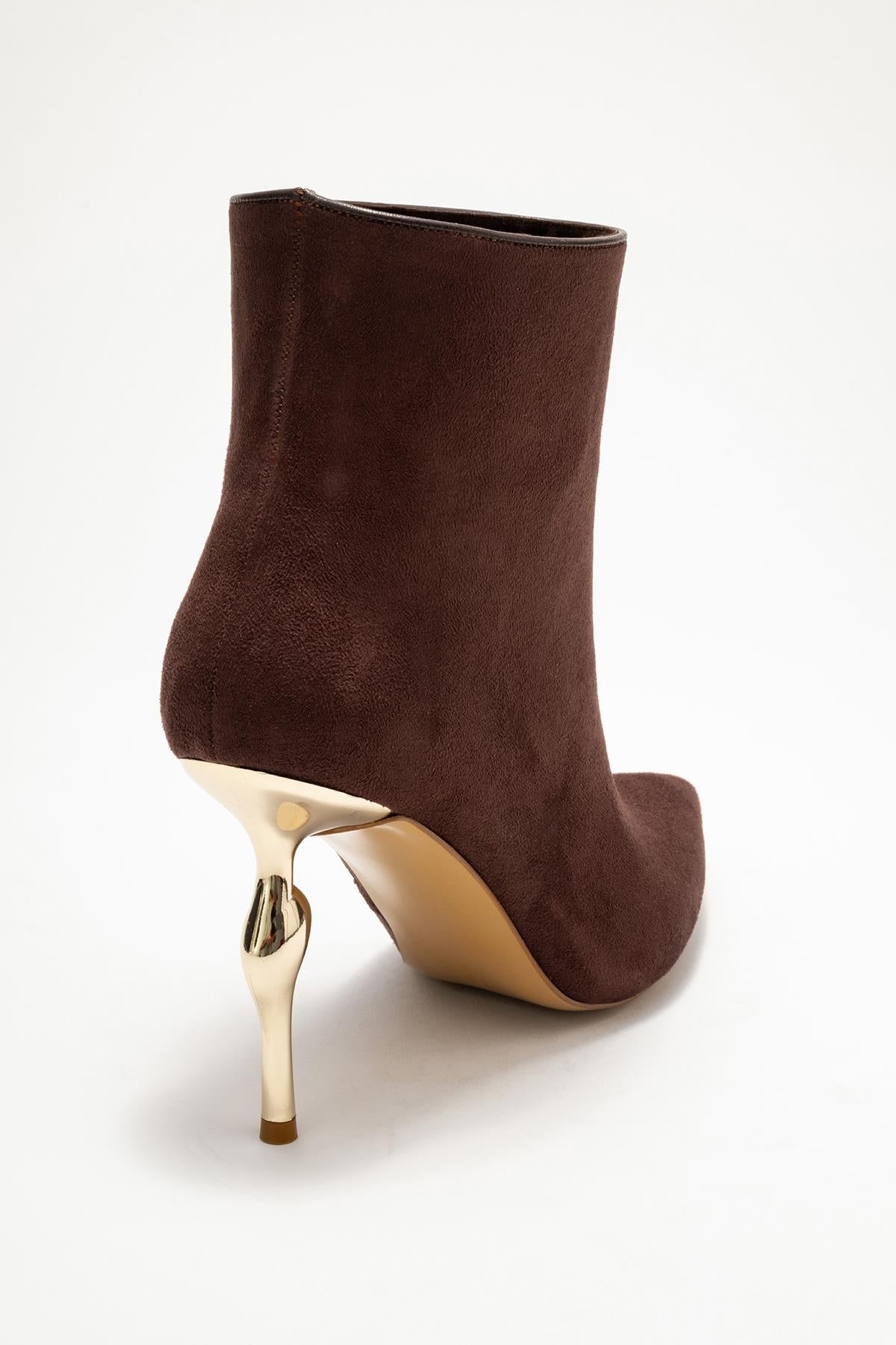 Crista - Brown Suede Pointed Toe Heeled Boot – back view showing suede, metallic, Vowalisse