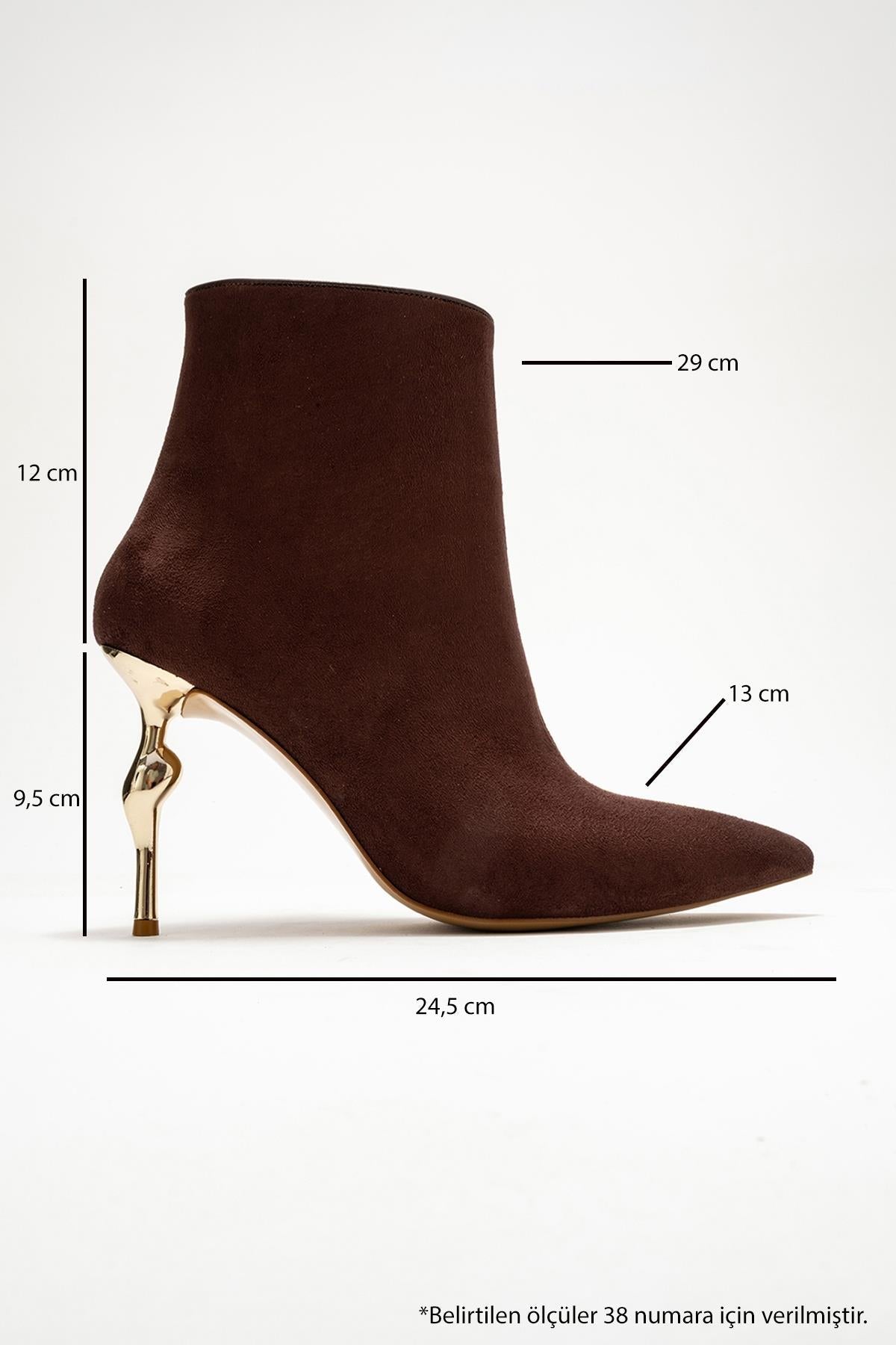 Crista - Brown Suede Pointed Toe Heeled Boot – top view showing suede, metallic, Vowalisse