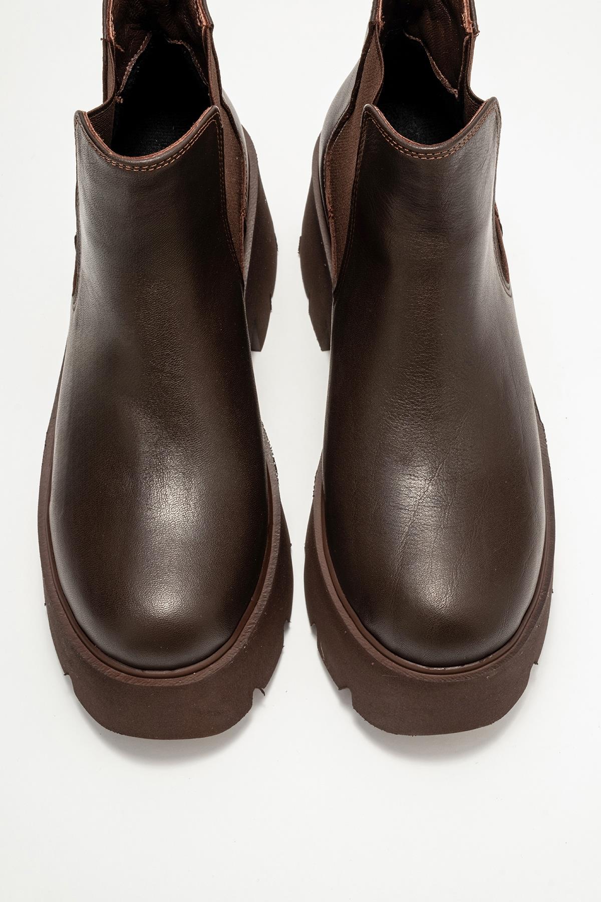 Clen - Brown Genuine Leather Elastic-Sided Platform Boot – side view showing leather, Vowalisse