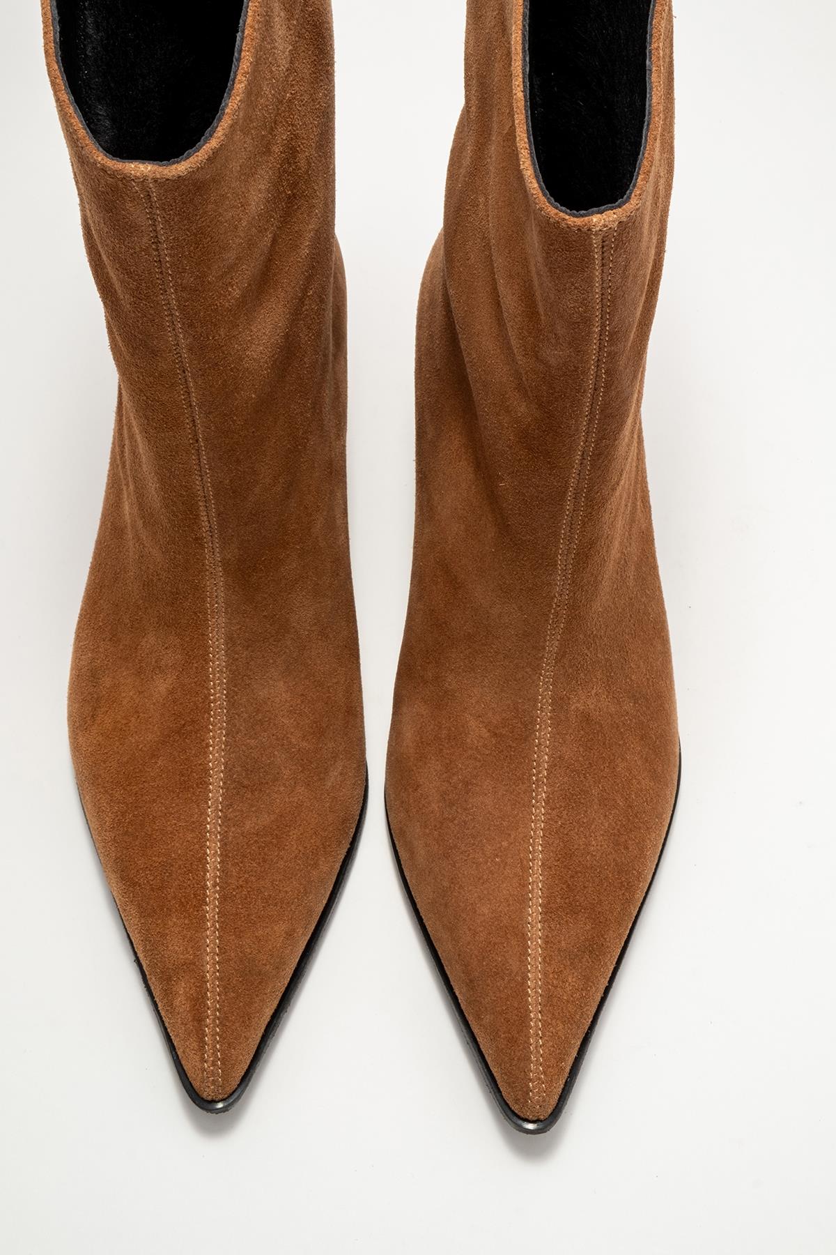 Aleo - Taupe Suede Genuine Leather Pointed Toe Short Heel Boot – side view showing leather, suede, Vowalisse