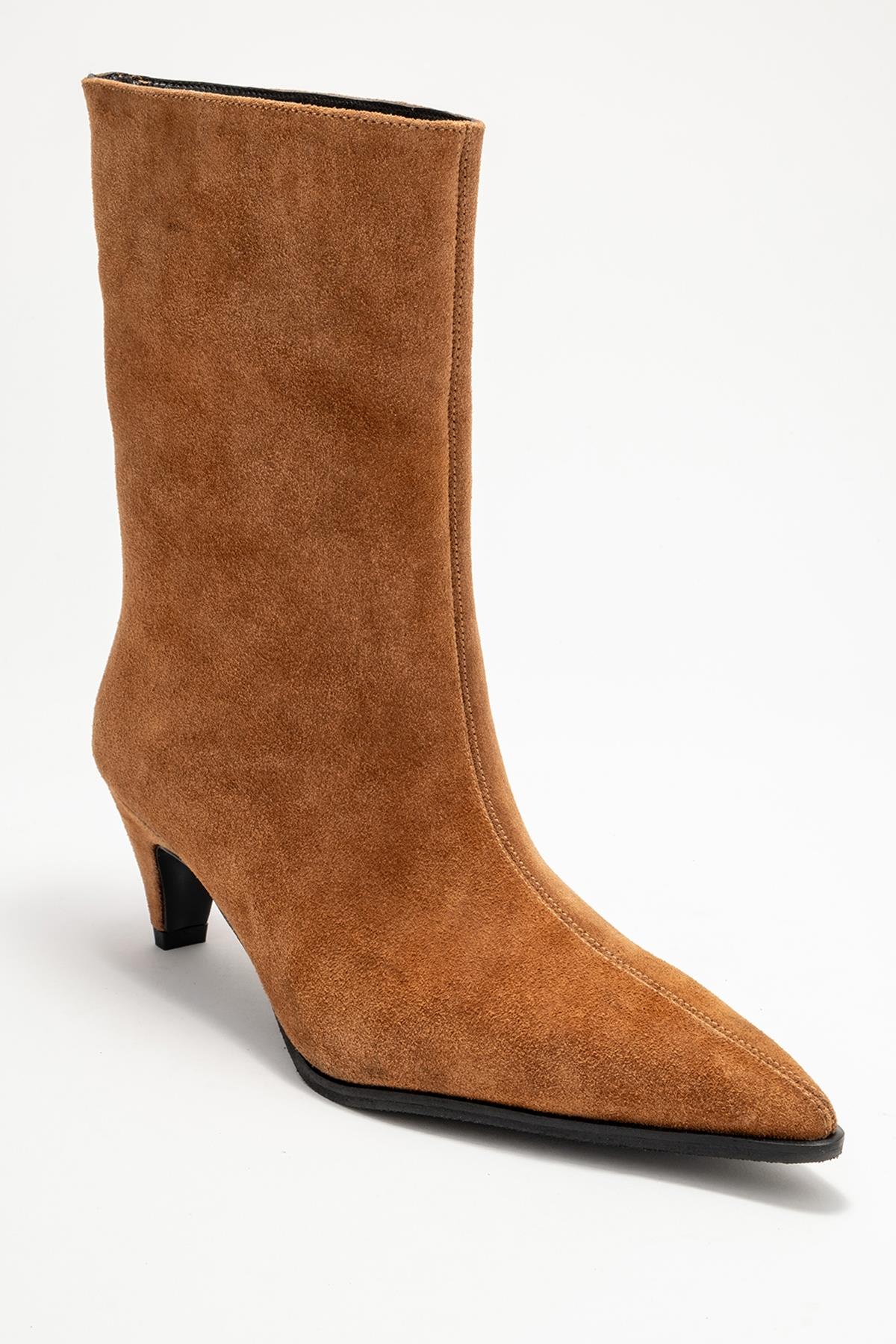 Aleo - Taupe Suede Genuine Leather Pointed Toe Short Heel Boot – detail view showing leather, suede, Vowalisse