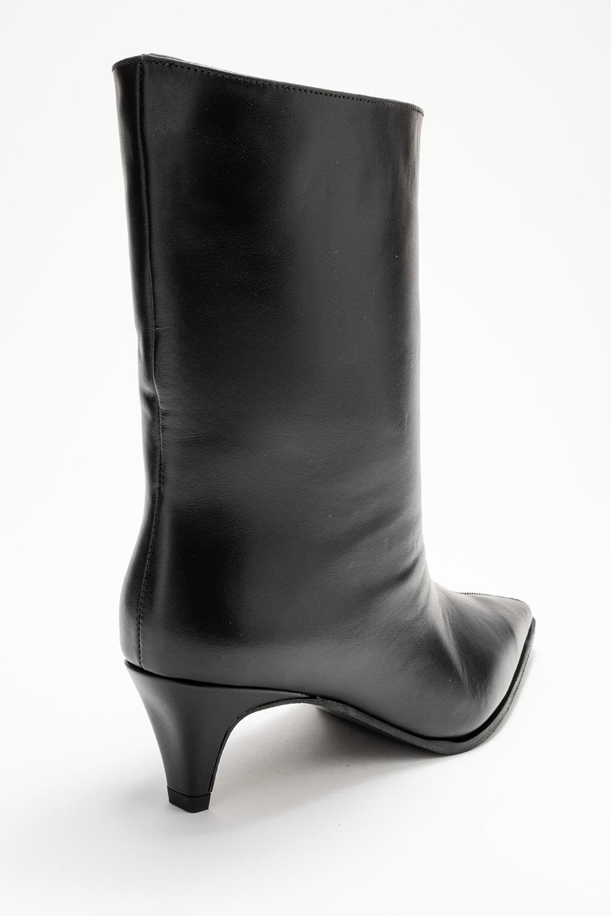 Aleo - Black Genuine Leather Pointed Toe Short Heel Boot – back view showing leather, black, Vowalisse