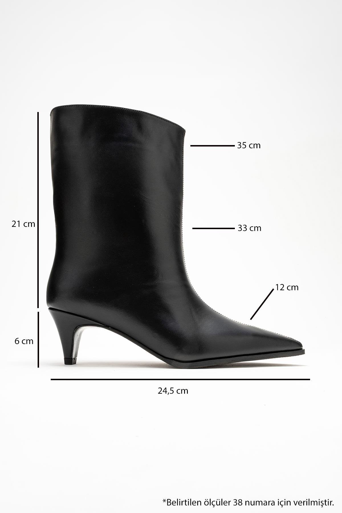 Aleo - Black Genuine Leather Pointed Toe Short Heel Boot – top view showing leather, black, Vowalisse