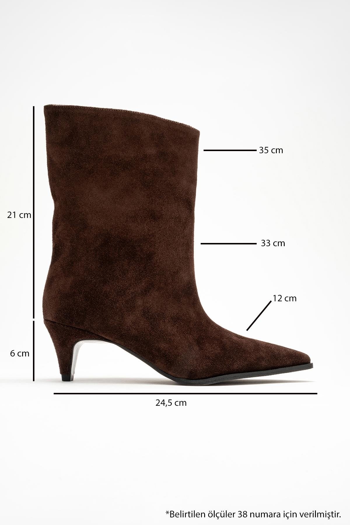 Aleo - Brown Suede Genuine Leather Pointed Toe Short Heel Boot – top view showing leather, suede, Vowalisse