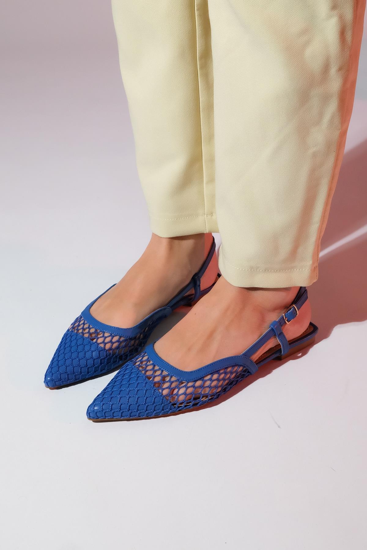 Brace Blue Mesh Flat Sandal – side view showing leather, mesh, blue, Vowalisse