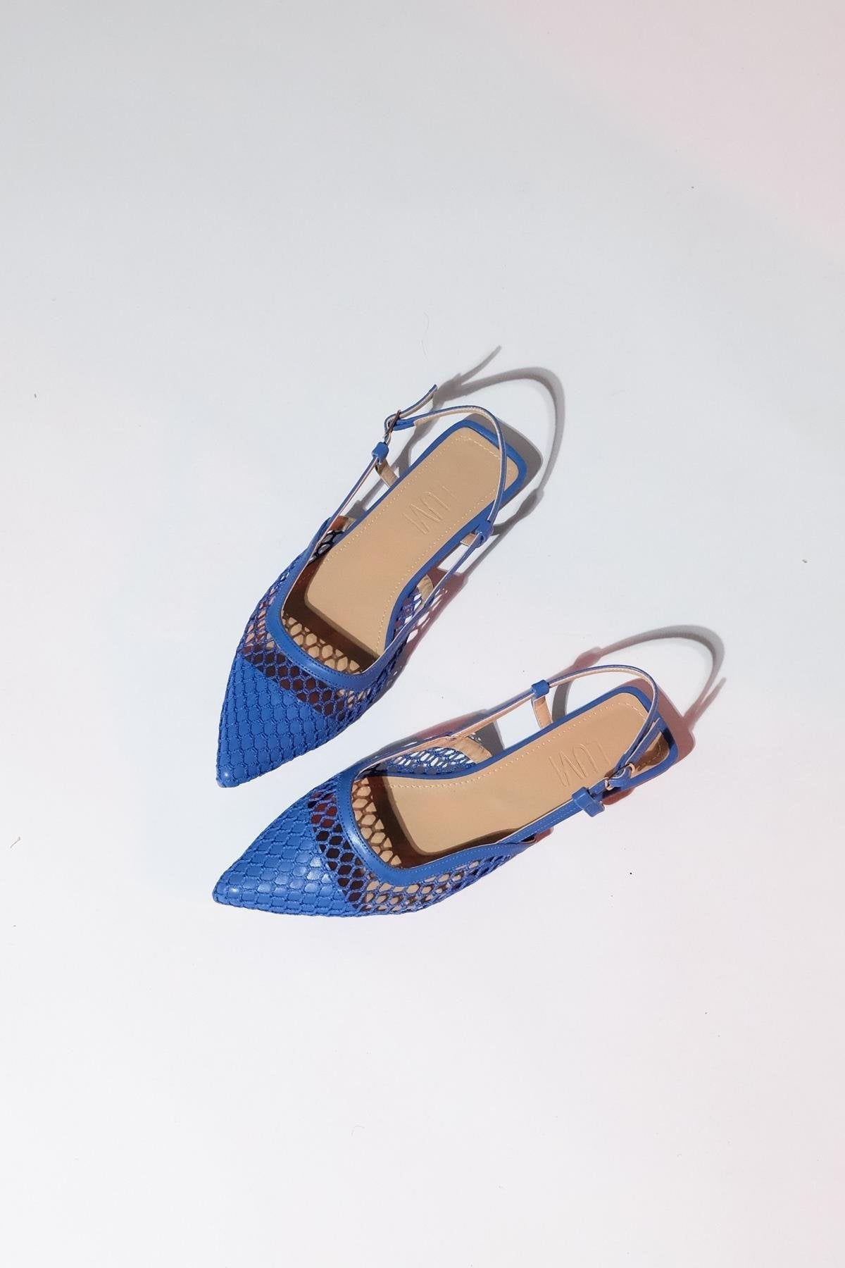 Brace Blue Mesh Flat Sandal – detail view showing leather, mesh, blue, Vowalisse