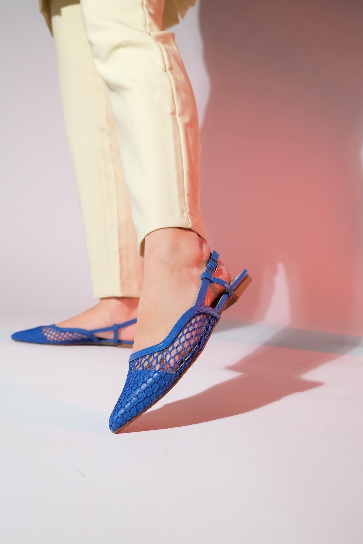Brace Blue Mesh Flat Sandal – back view showing leather, mesh, blue, Vowalisse