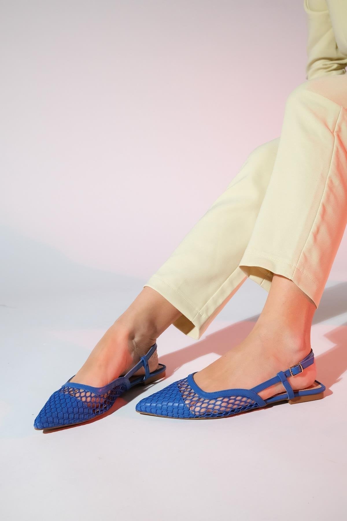 Brace Blue Mesh Flat Sandal – top view showing leather, mesh, blue, Vowalisse
