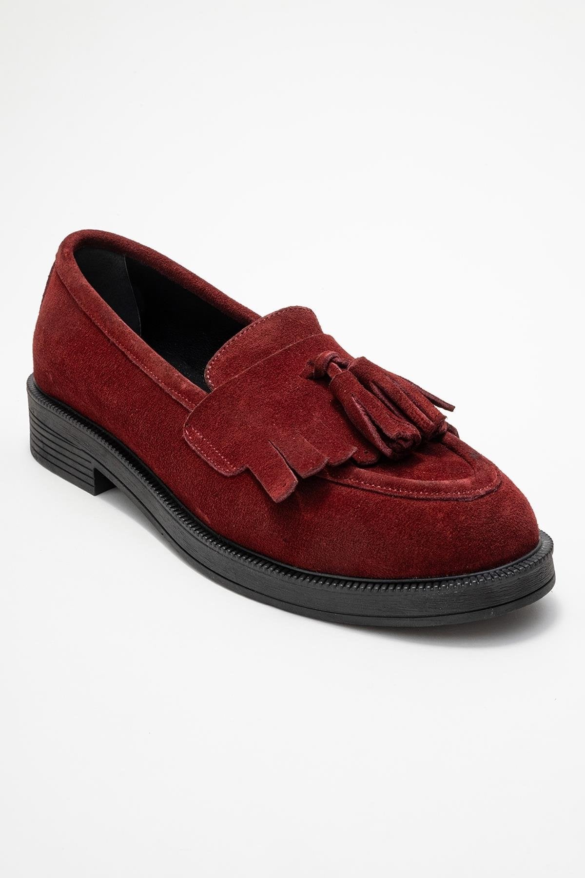Milina - Burgundy Tassel Genuine Leather Loafer – detail view showing leather, Vowalisse