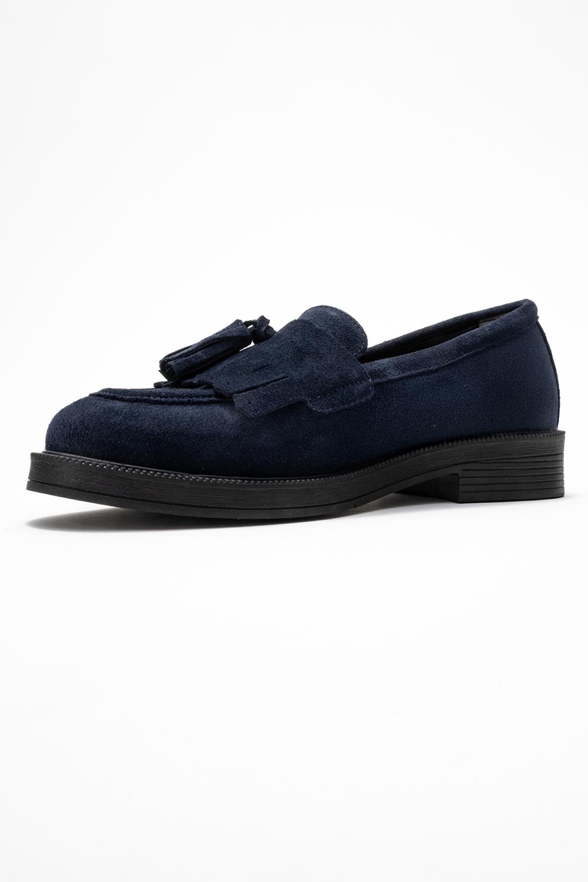 Milina - Navy Suede Genuine Leather Tassel Loafer – heel view showing leather, suede, red, Vowalisse