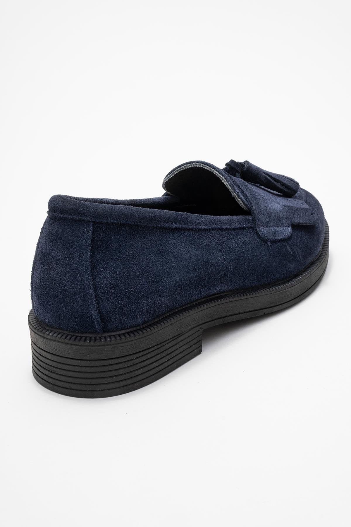 Milina - Navy Suede Genuine Leather Tassel Loafer – back view showing leather, suede, red, Vowalisse