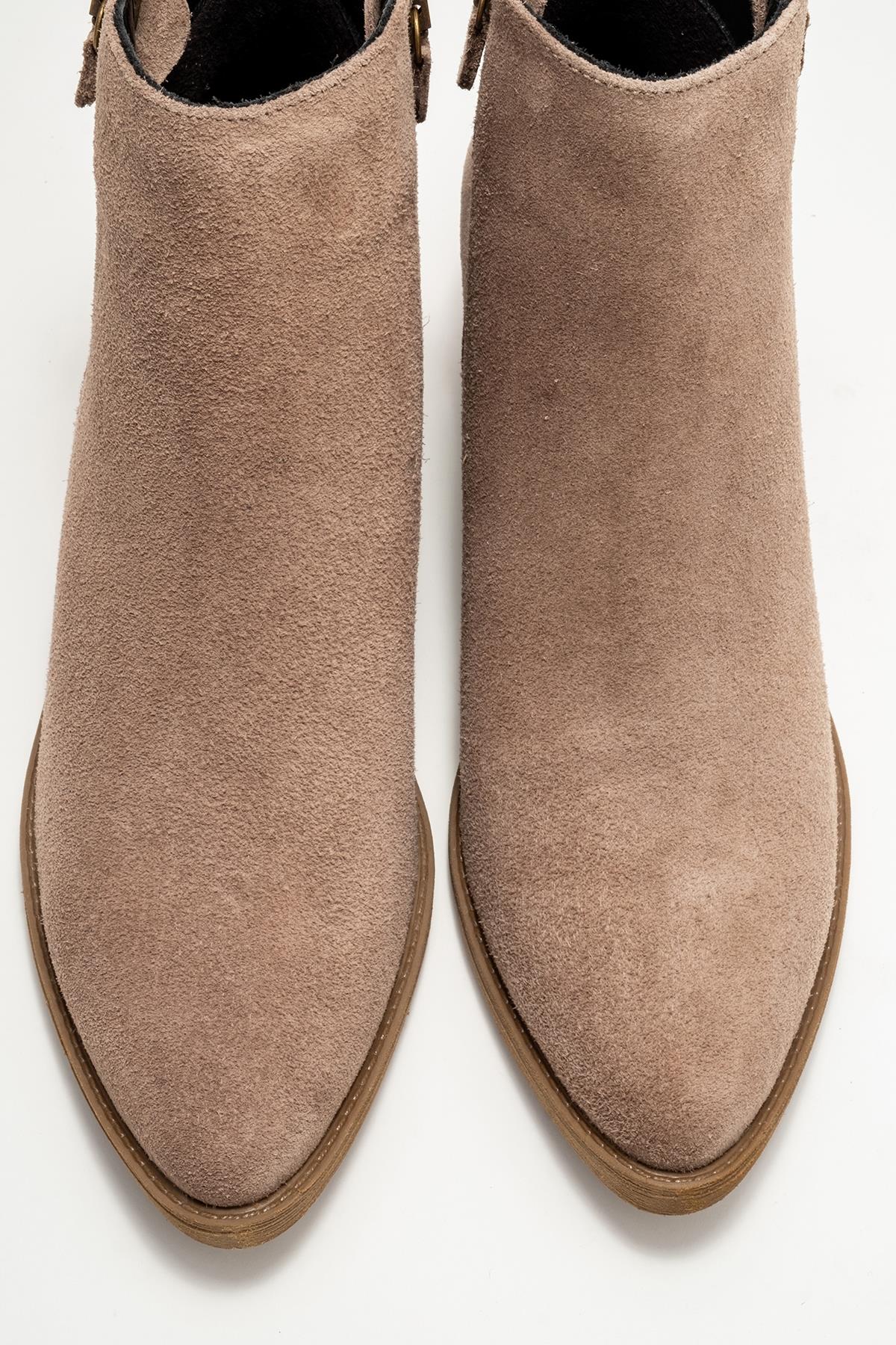 Jayer - Taupe Suede Genuine Leather Zip-Up Heeled Boot – side view showing leather, suede, Vowalisse