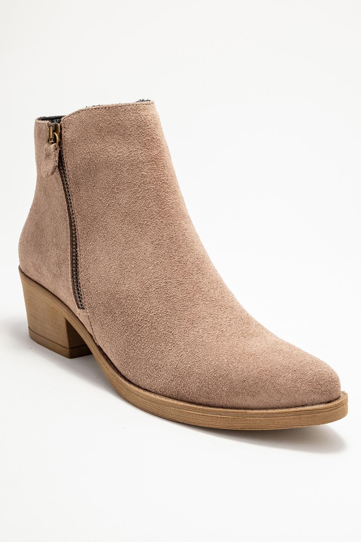 Jayer - Taupe Suede Genuine Leather Zip-Up Heeled Boot – detail view showing leather, suede, Vowalisse