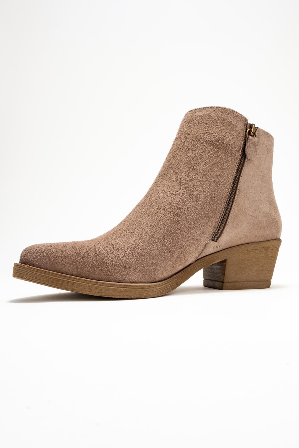 Jayer - Taupe Suede Genuine Leather Zip-Up Heeled Boot – heel view showing leather, suede, Vowalisse