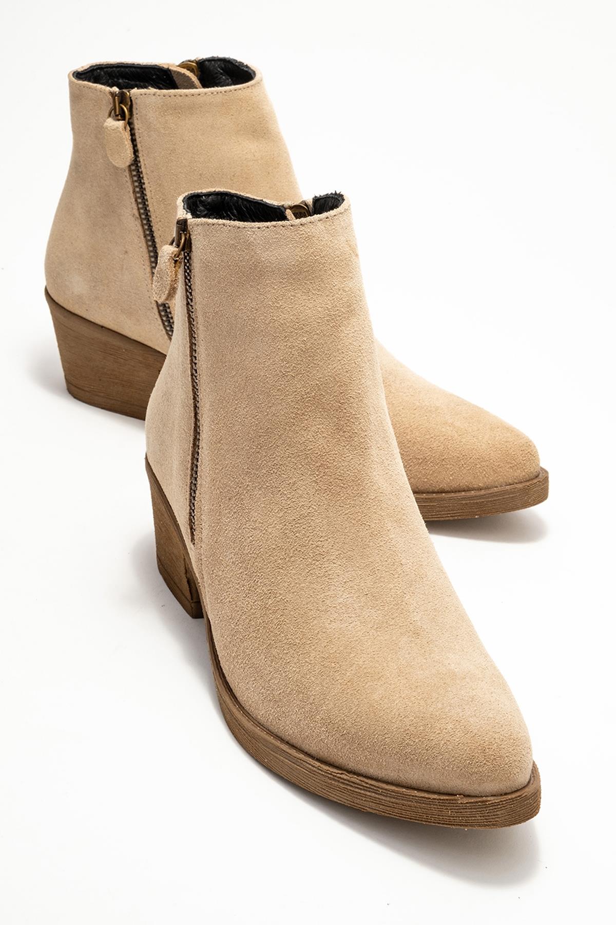 Jayer - Beige Suede Genuine Leather Zip-Up Heeled Boot – front three-quarter view showing leather, suede, Vowalisse