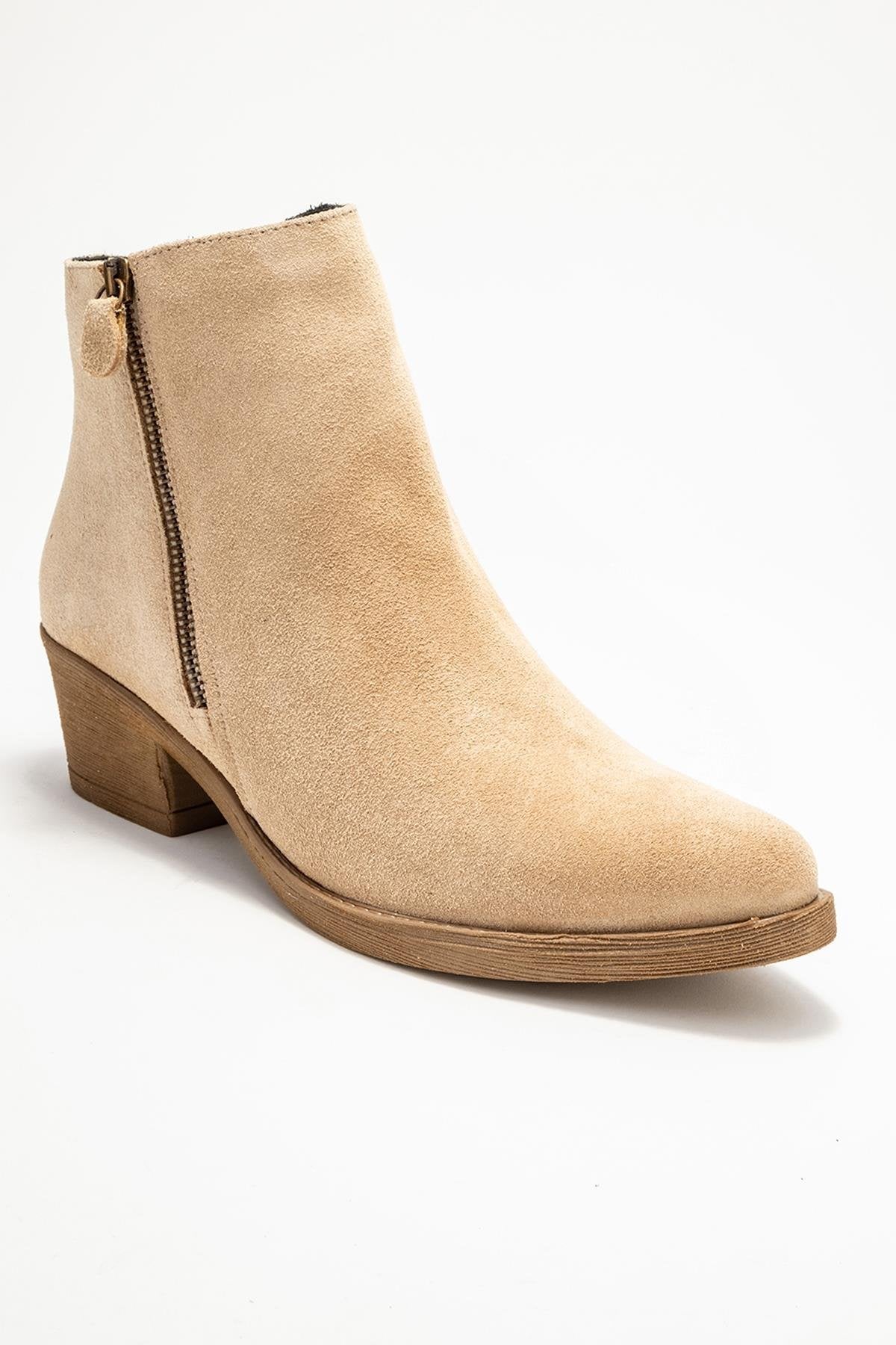 Jayer - Beige Suede Genuine Leather Zip-Up Heeled Boot – detail view showing leather, suede, Vowalisse