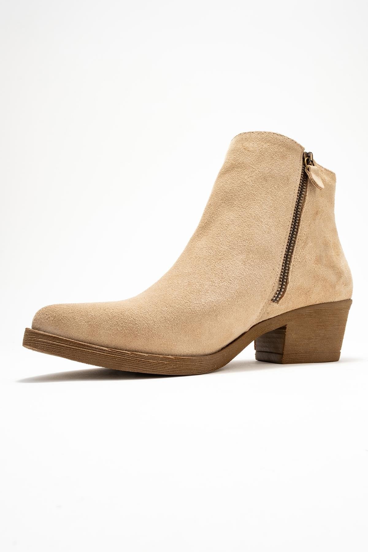 Jayer - Beige Suede Genuine Leather Zip-Up Heeled Boot – heel view showing leather, suede, Vowalisse