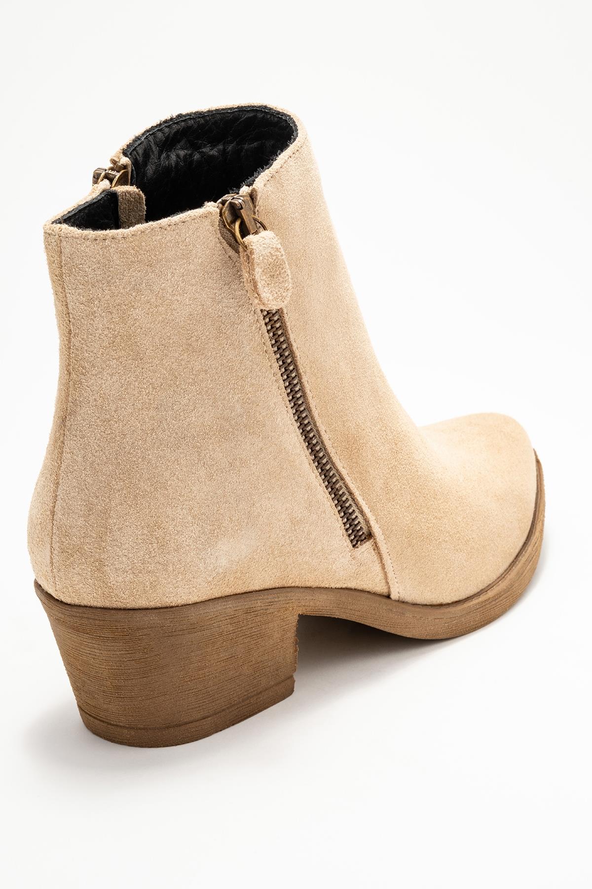 Jayer - Beige Suede Genuine Leather Zip-Up Heeled Boot – back view showing leather, suede, Vowalisse