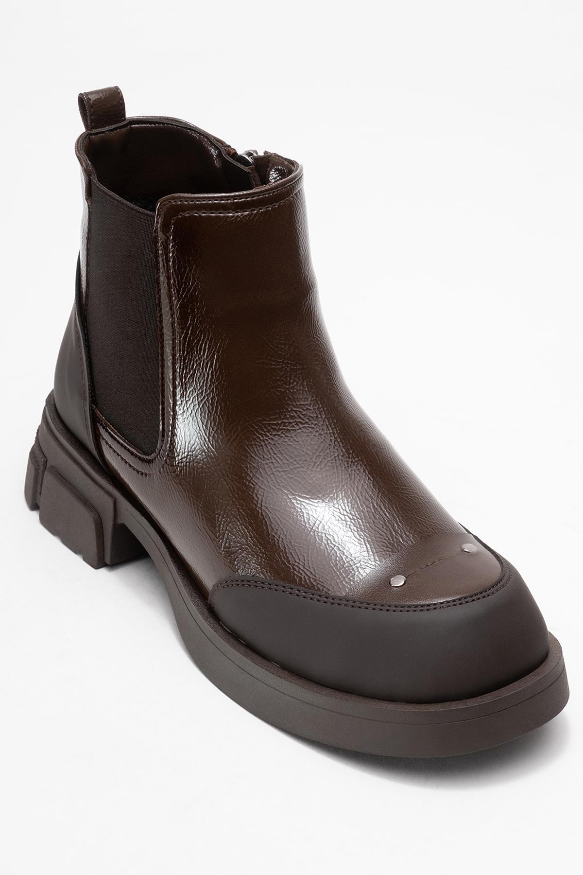 Albia - Brown Patent Boot – detail view showing leather, Vowalisse