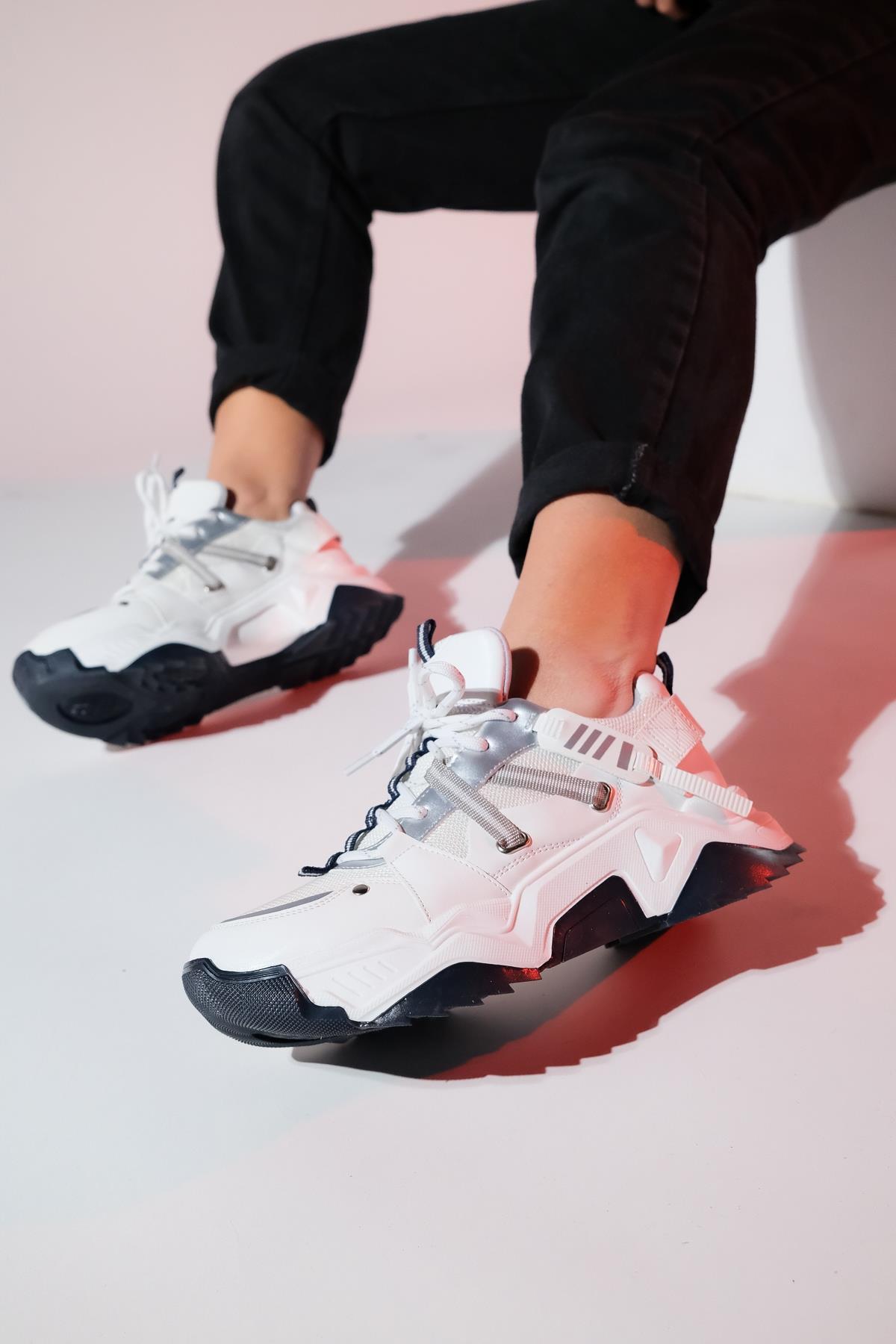 Maggie - White-Navy Sport Sneaker – heel view showing leather, white, Vowalisse