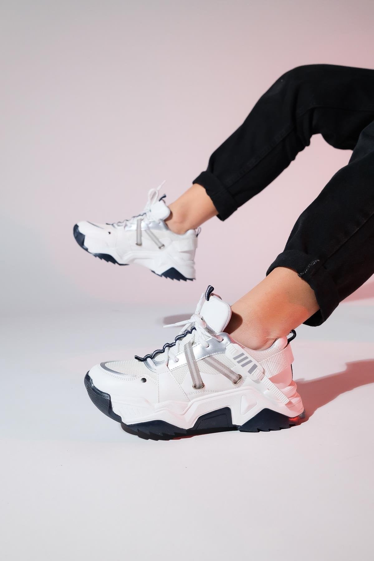 Maggie - White-Navy Sport Sneaker – back view showing leather, white, Vowalisse