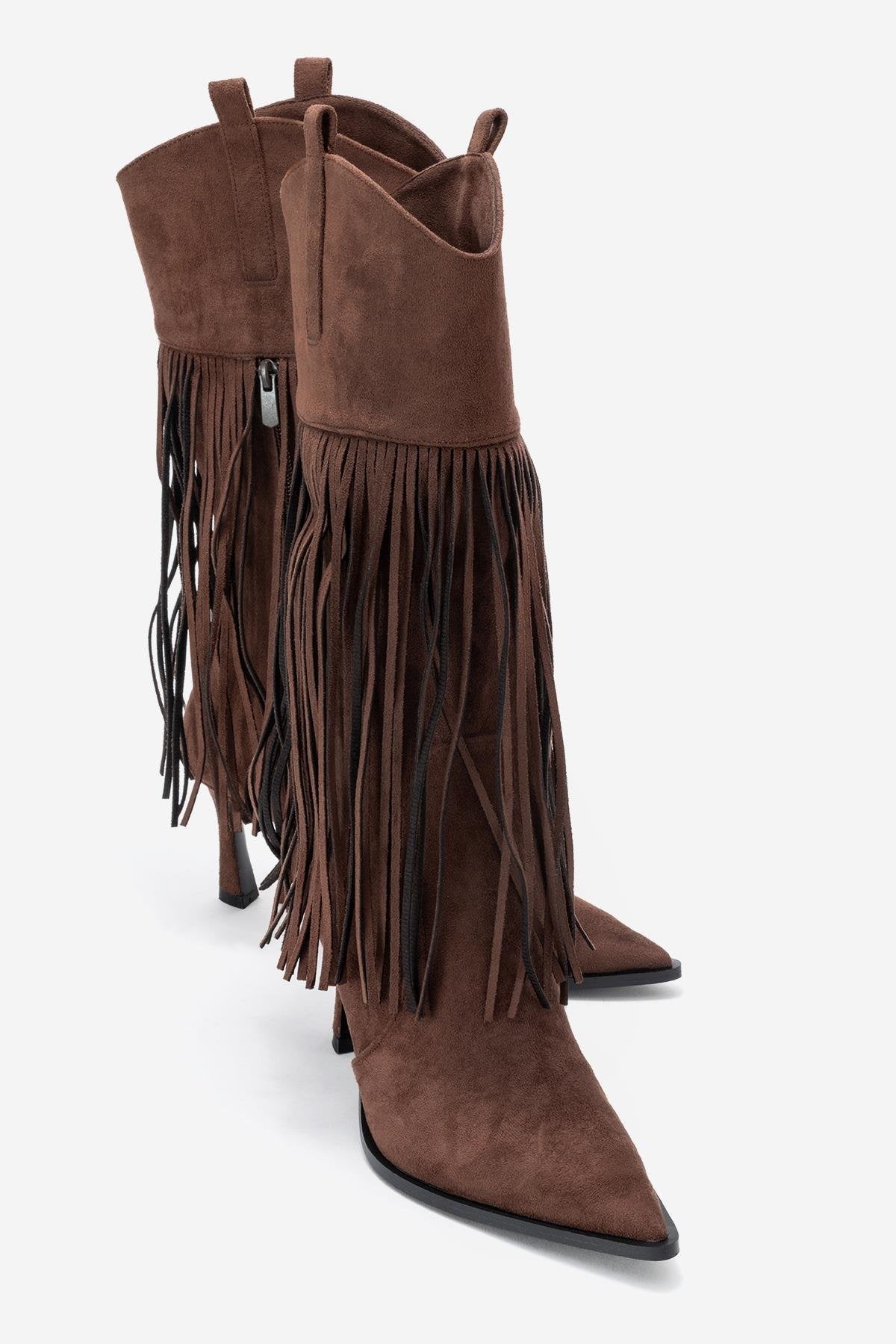 Gueras - Brown Pointed Toe High Heel Boot – front three-quarter view showing suede, Vowalisse