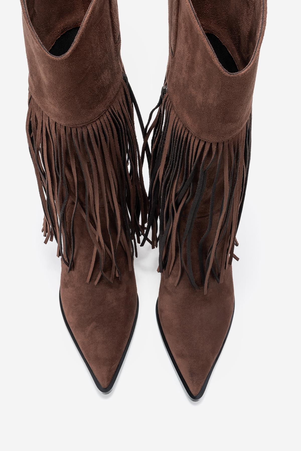 Gueras - Brown Pointed Toe High Heel Boot – side view showing suede, Vowalisse
