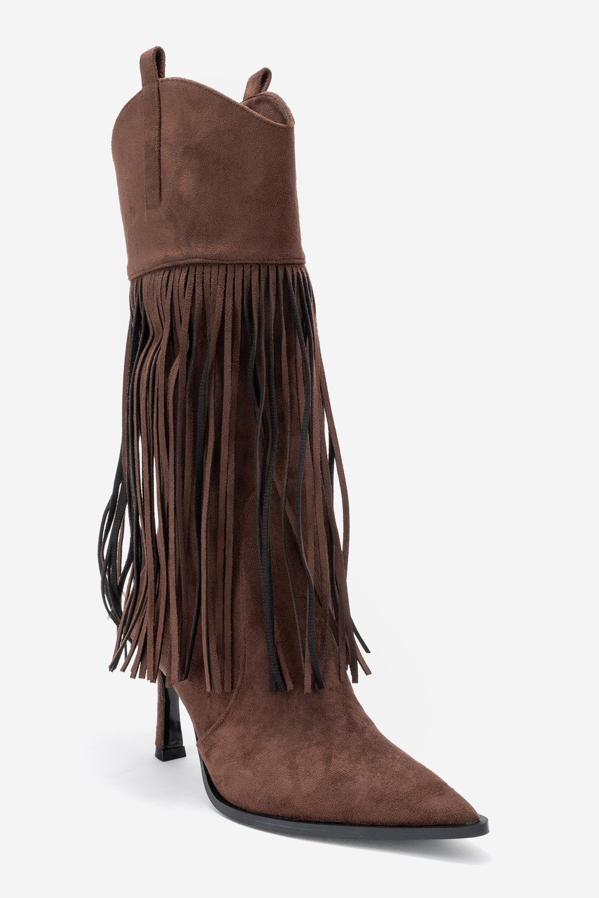 Gueras - Brown Pointed Toe High Heel Boot – detail view showing suede, Vowalisse