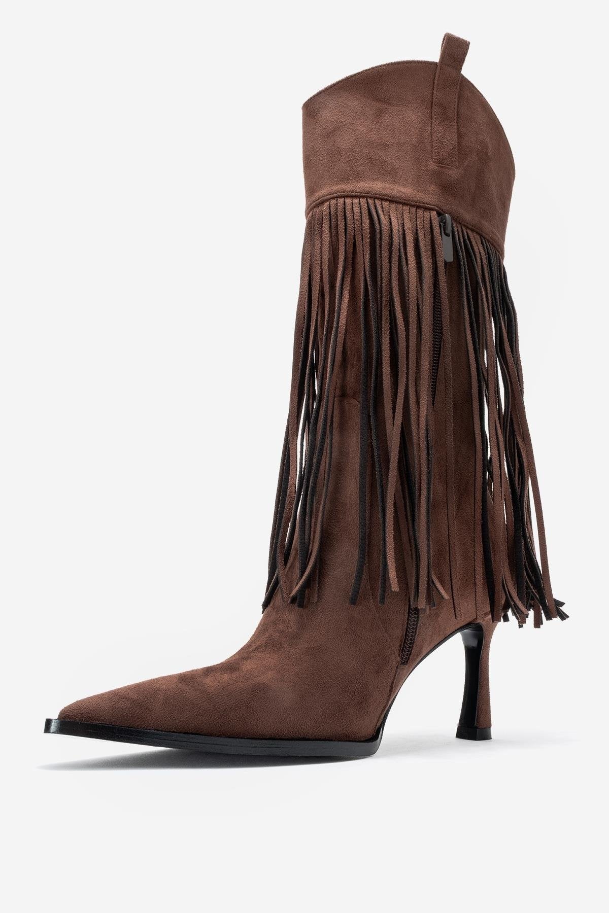 Gueras - Brown Pointed Toe High Heel Boot – heel view showing suede, Vowalisse