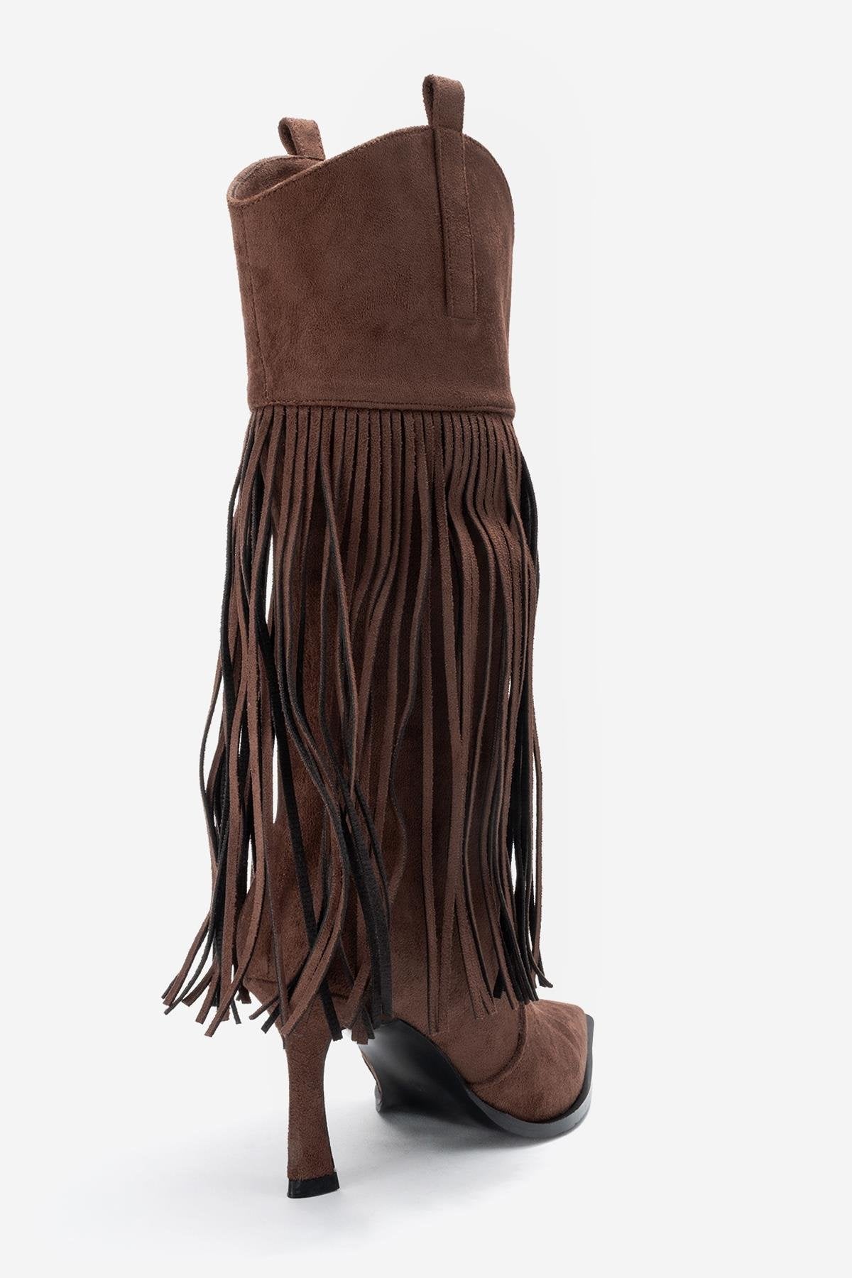 Gueras - Brown Pointed Toe High Heel Boot – back view showing suede, Vowalisse
