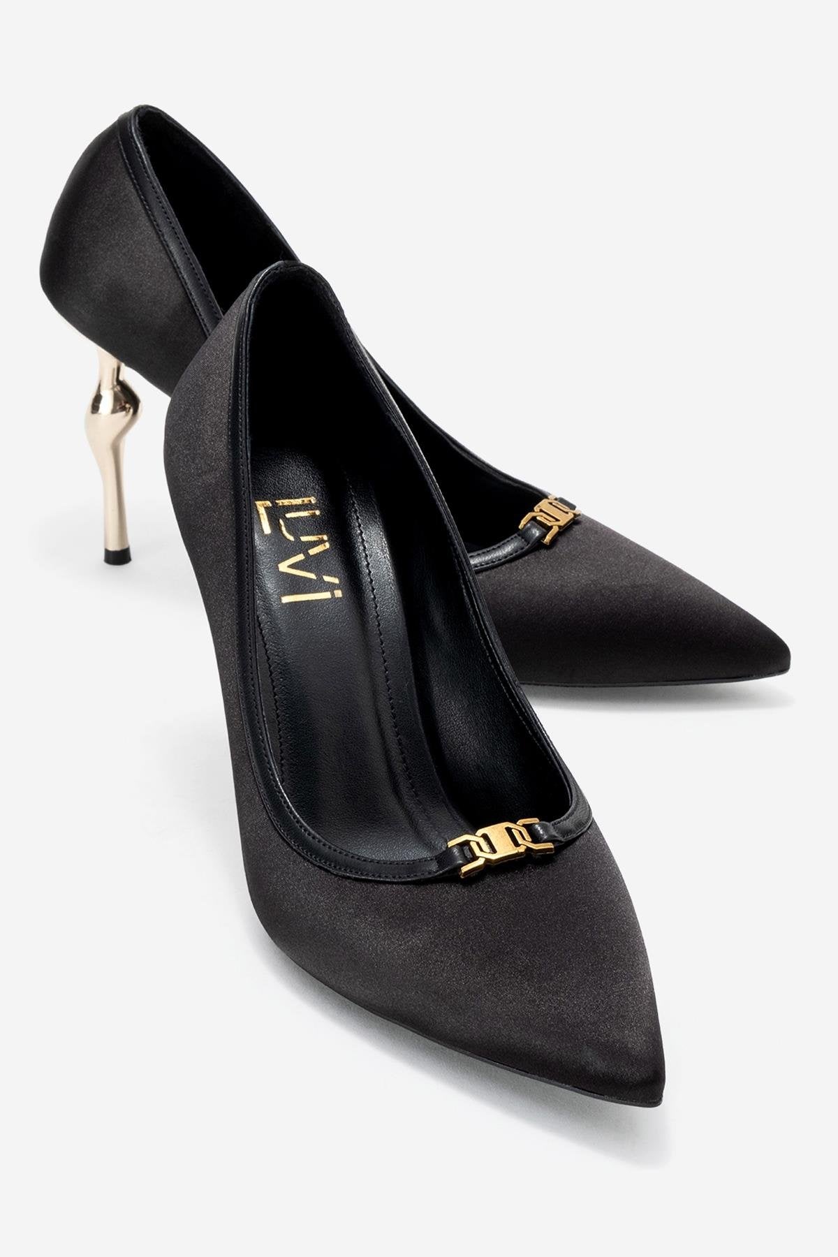 Milos - Black Satin Buckle High Heel – front three-quarter view showing satin, leather, black, Vowalisse
