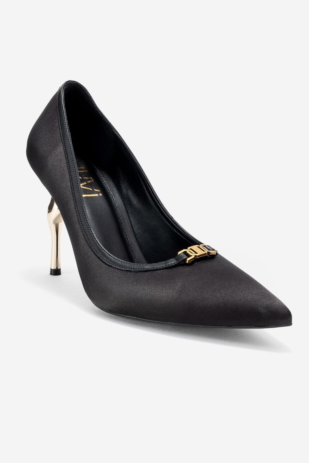 Milos - Black Satin Buckle High Heel – detail view showing satin, leather, black, Vowalisse