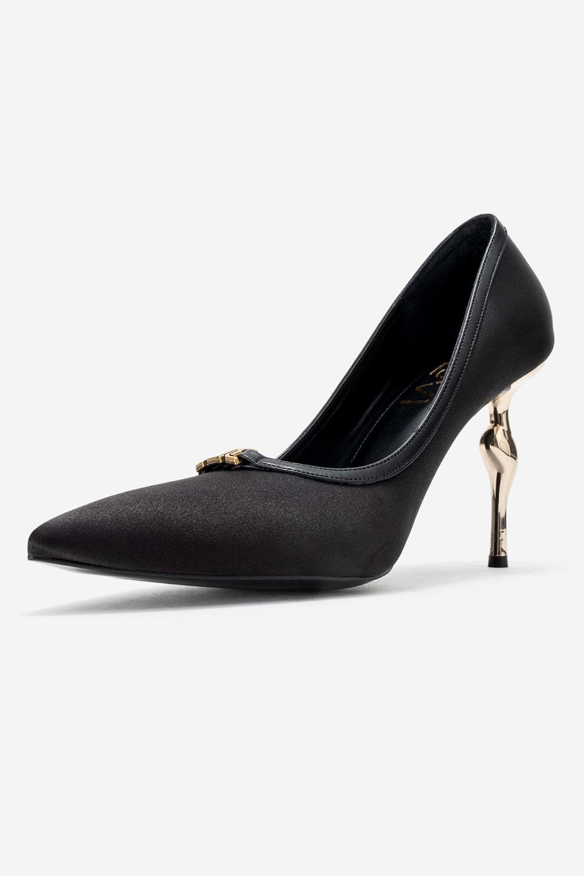 Milos - Black Satin Buckle High Heel – heel view showing satin, leather, black, Vowalisse