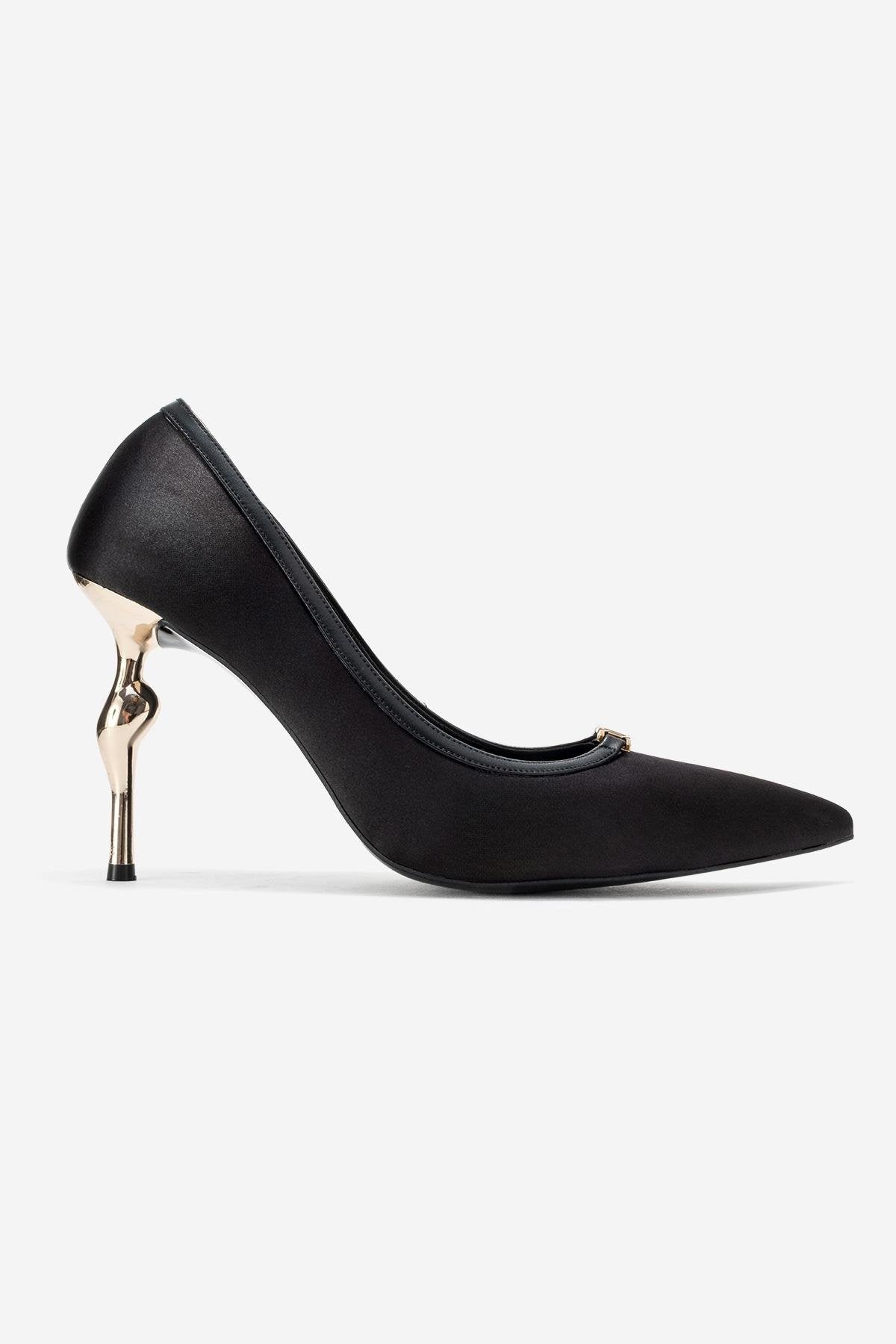 Milos - Black Satin Buckle High Heel – top view showing satin, leather, black, Vowalisse