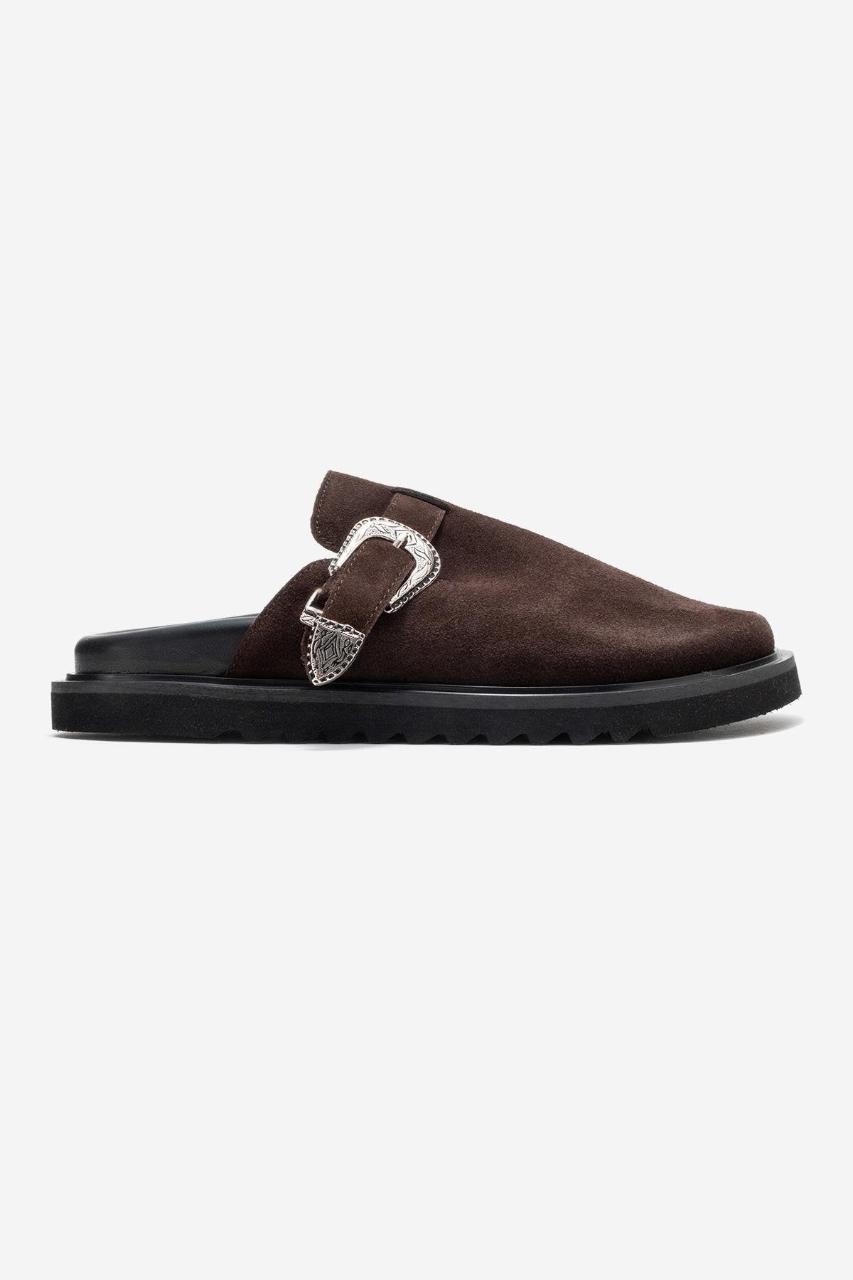Vesta - Brown Buckle-Detail Genuine Leather Closed-Toe Mule – top view showing leather, Vowalisse