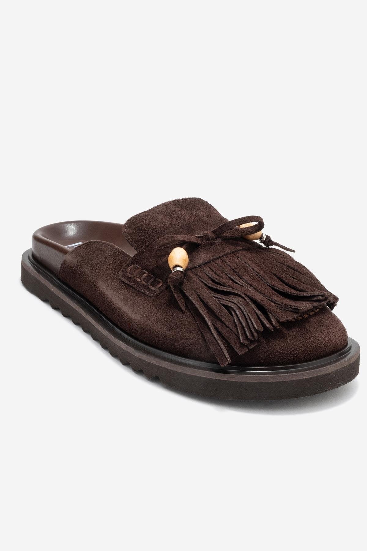 Carol - Brown Tassel-Detail Genuine Leather Closed-Toe Mule – detail view showing leather, Vowalisse