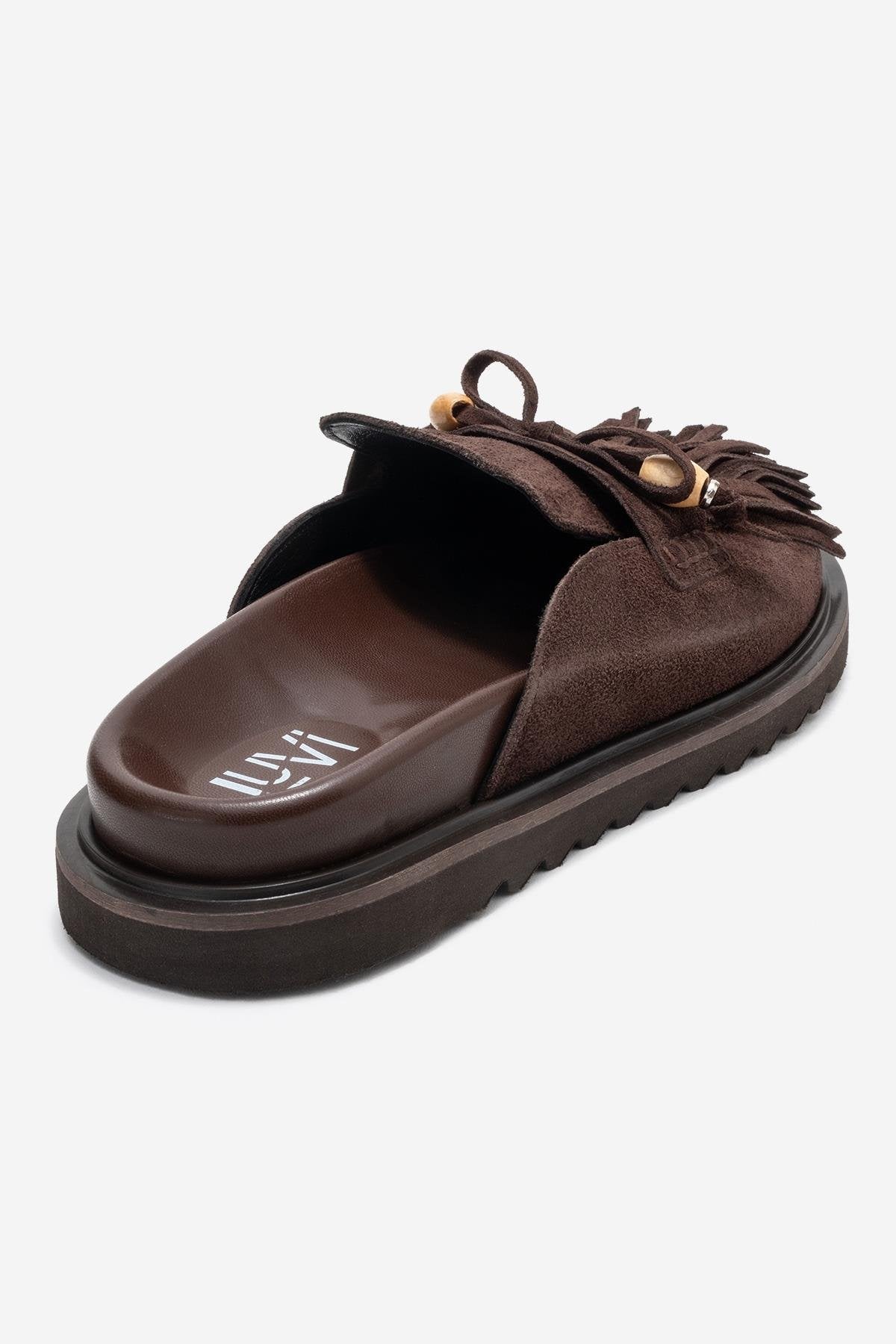 Carol - Brown Tassel-Detail Genuine Leather Closed-Toe Mule – back view showing leather, Vowalisse