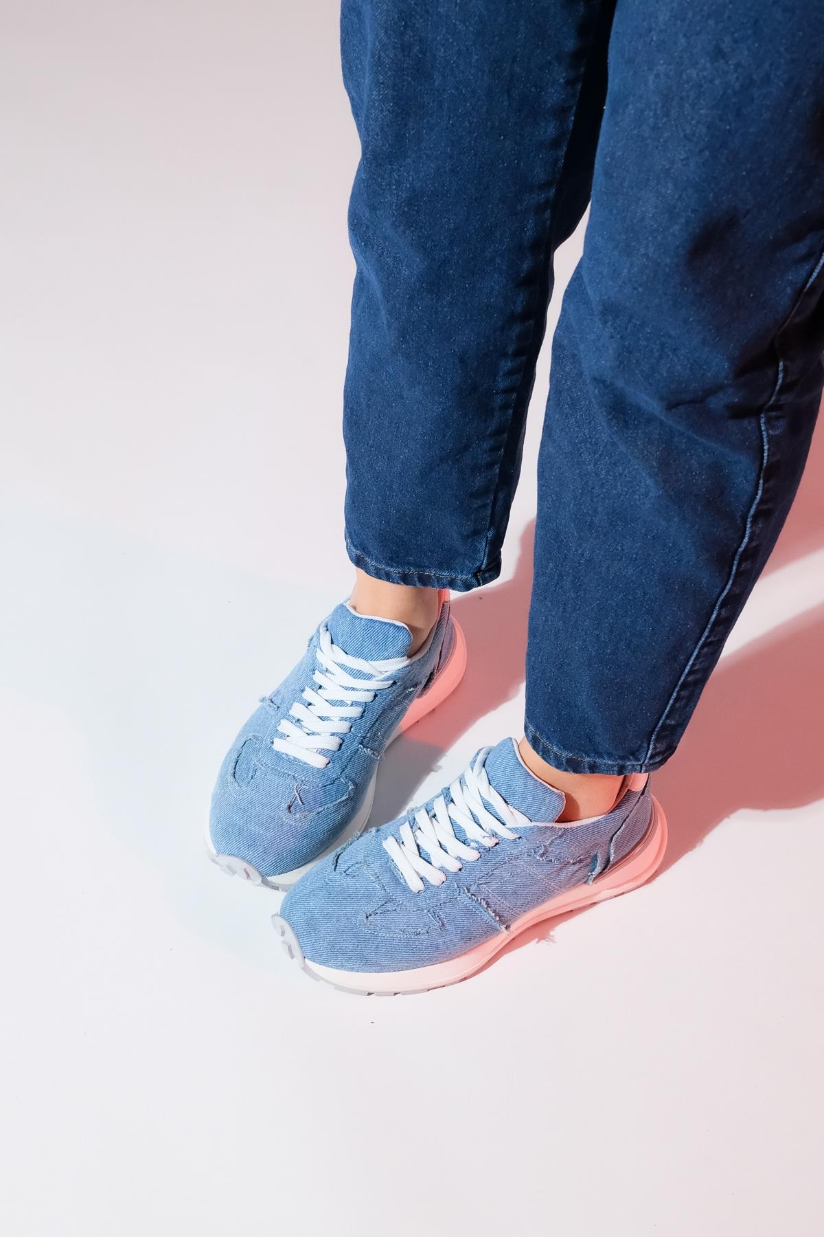 Rafael - Blue Denim Sport Sneaker – side view showing leather, blue, red, Vowalisse